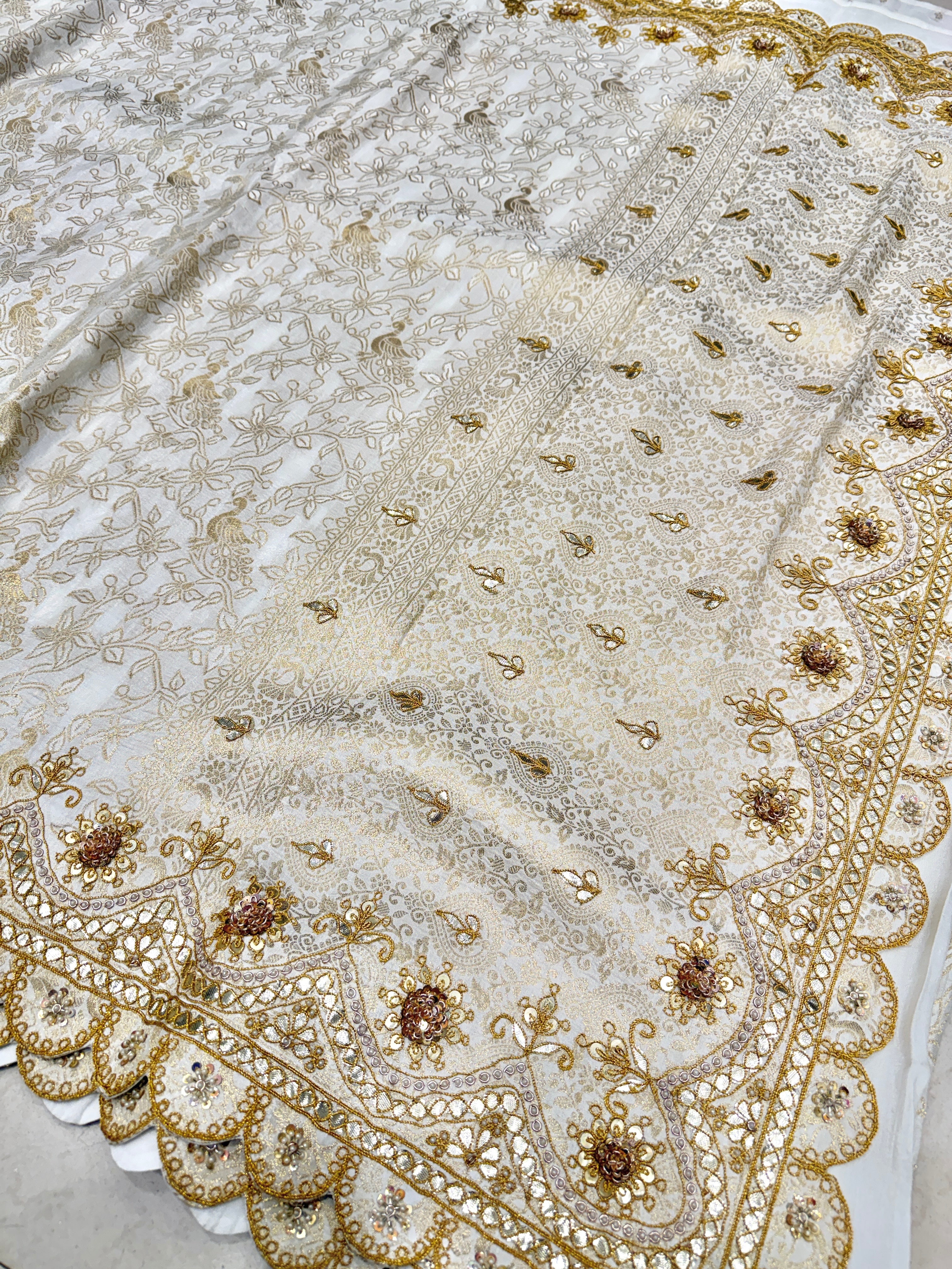 Moti White Banarasi Crepe Hand Gotapatti Marodi Saree