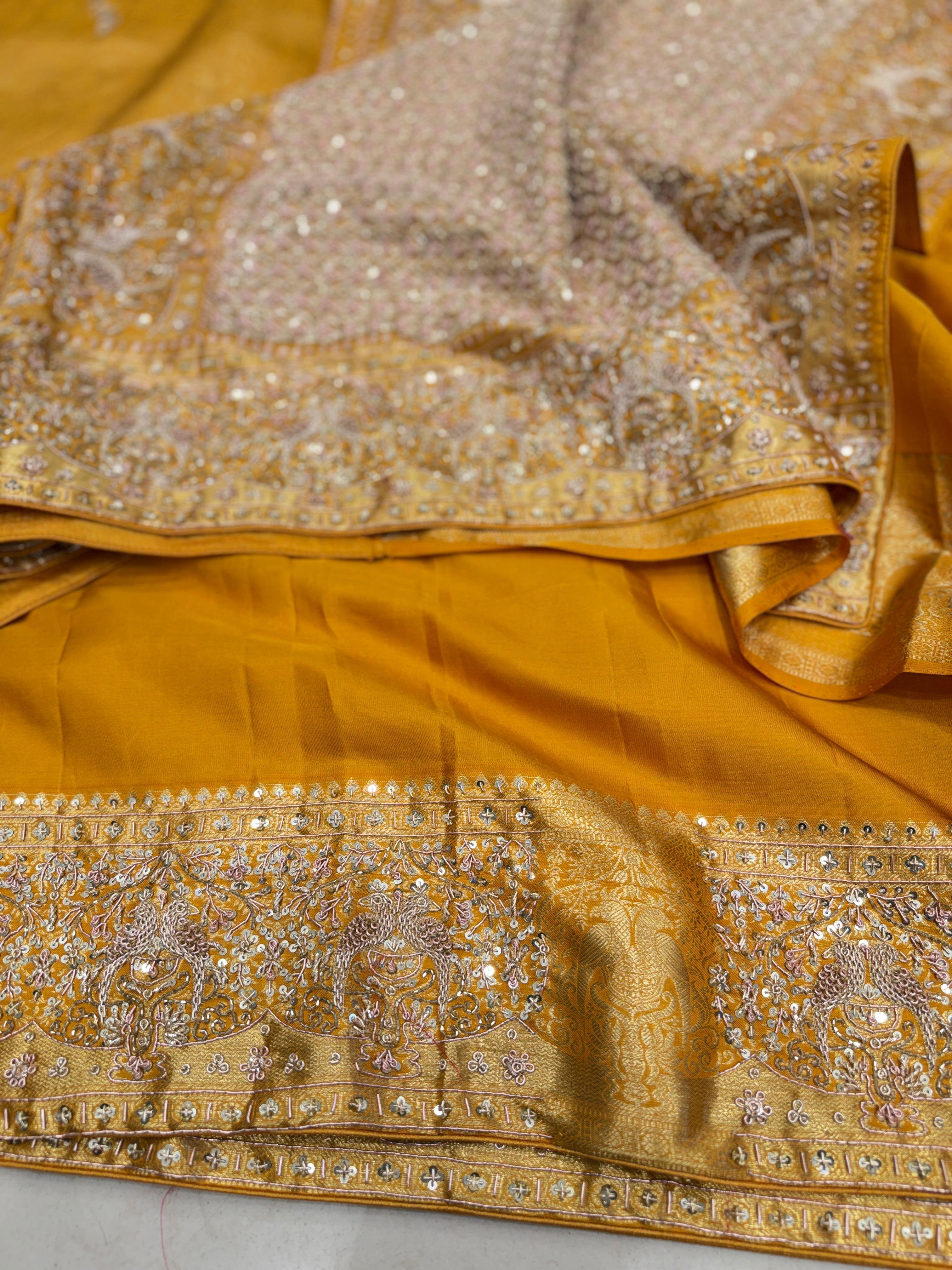 Mustard Yellow Kanjivaram Peacock Moti Hand Embroidery Zardosi Saree