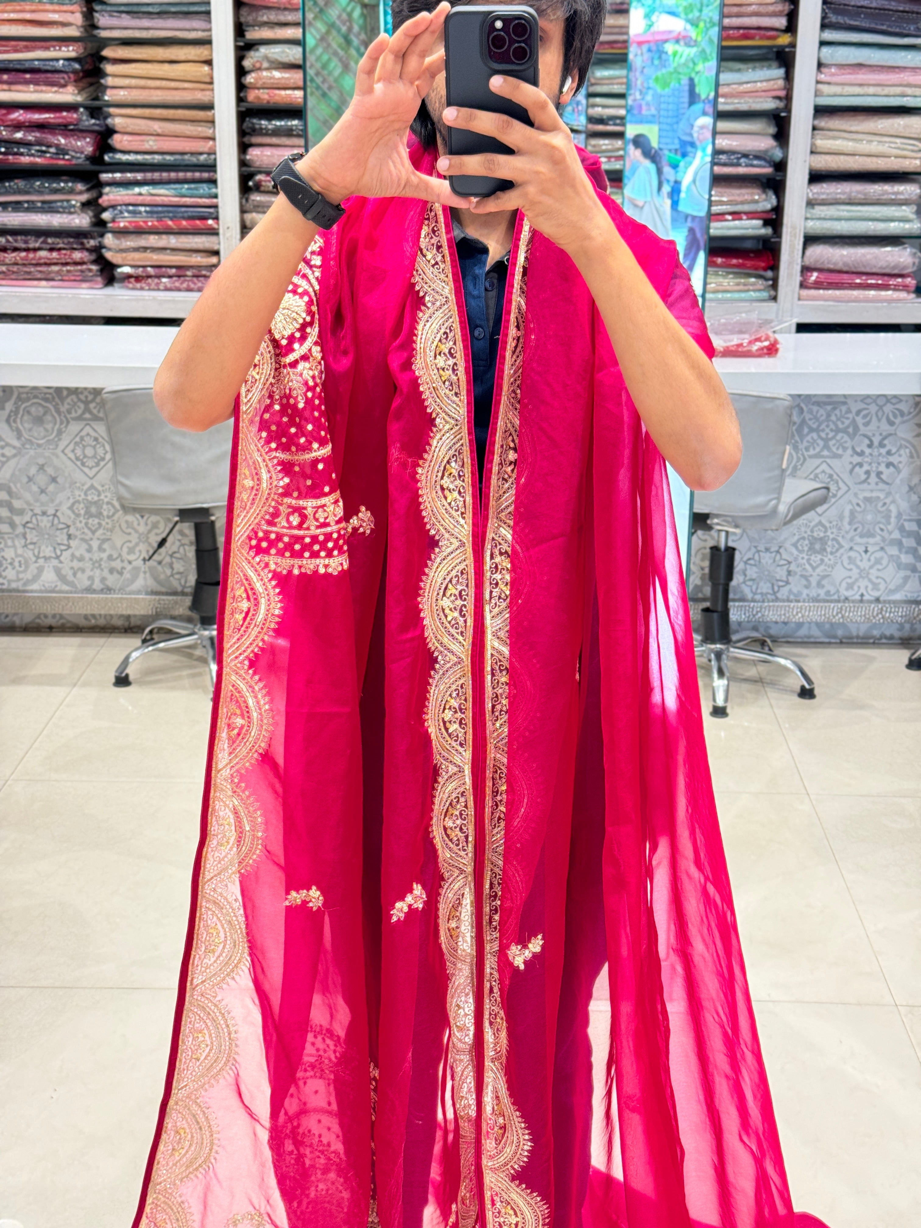 Rani Pink Organza Pita Embroidery Shoulder Butta Saree
