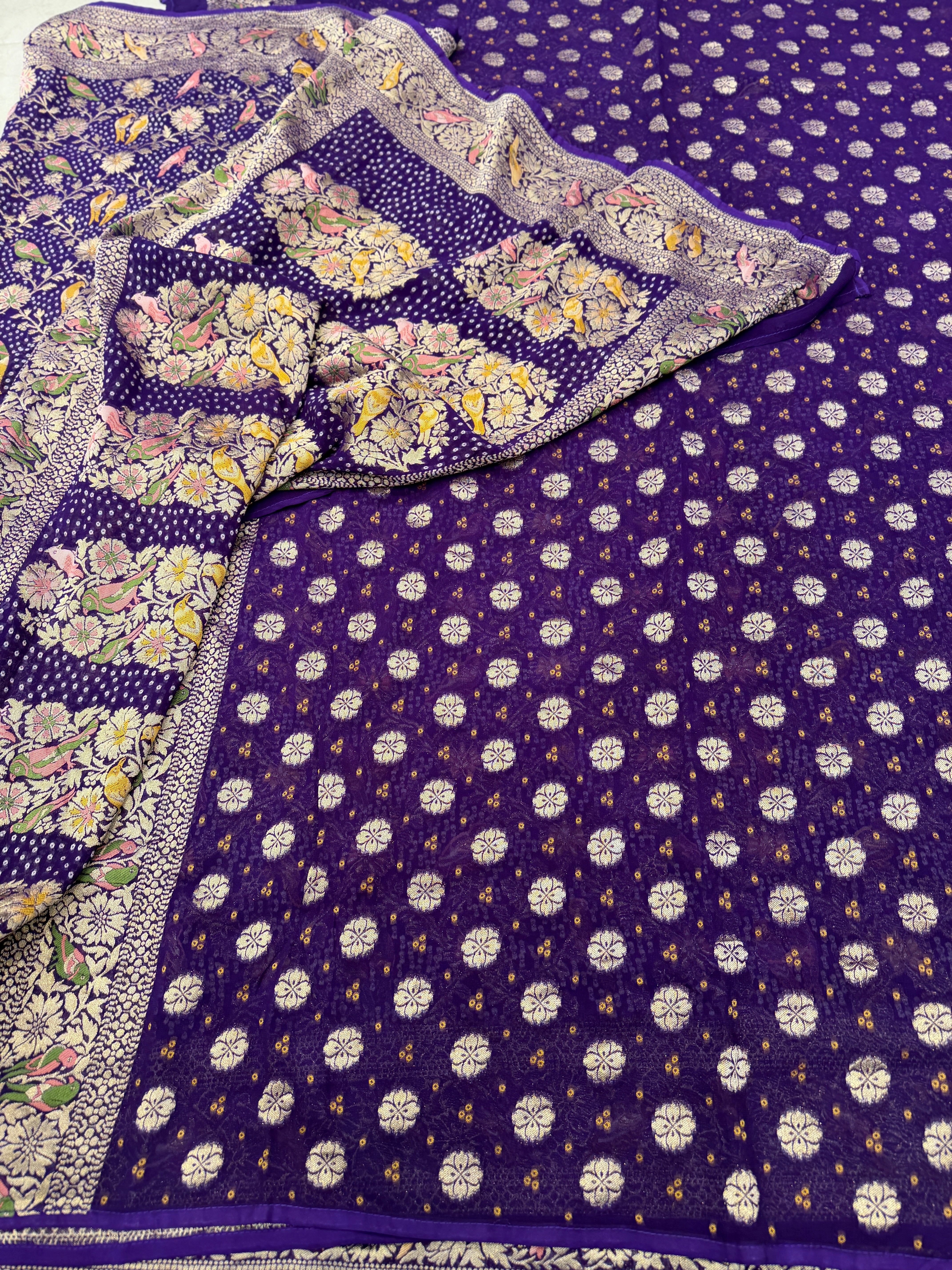 Violet Woven Bandhej Meenakari Parrot Motif Saree