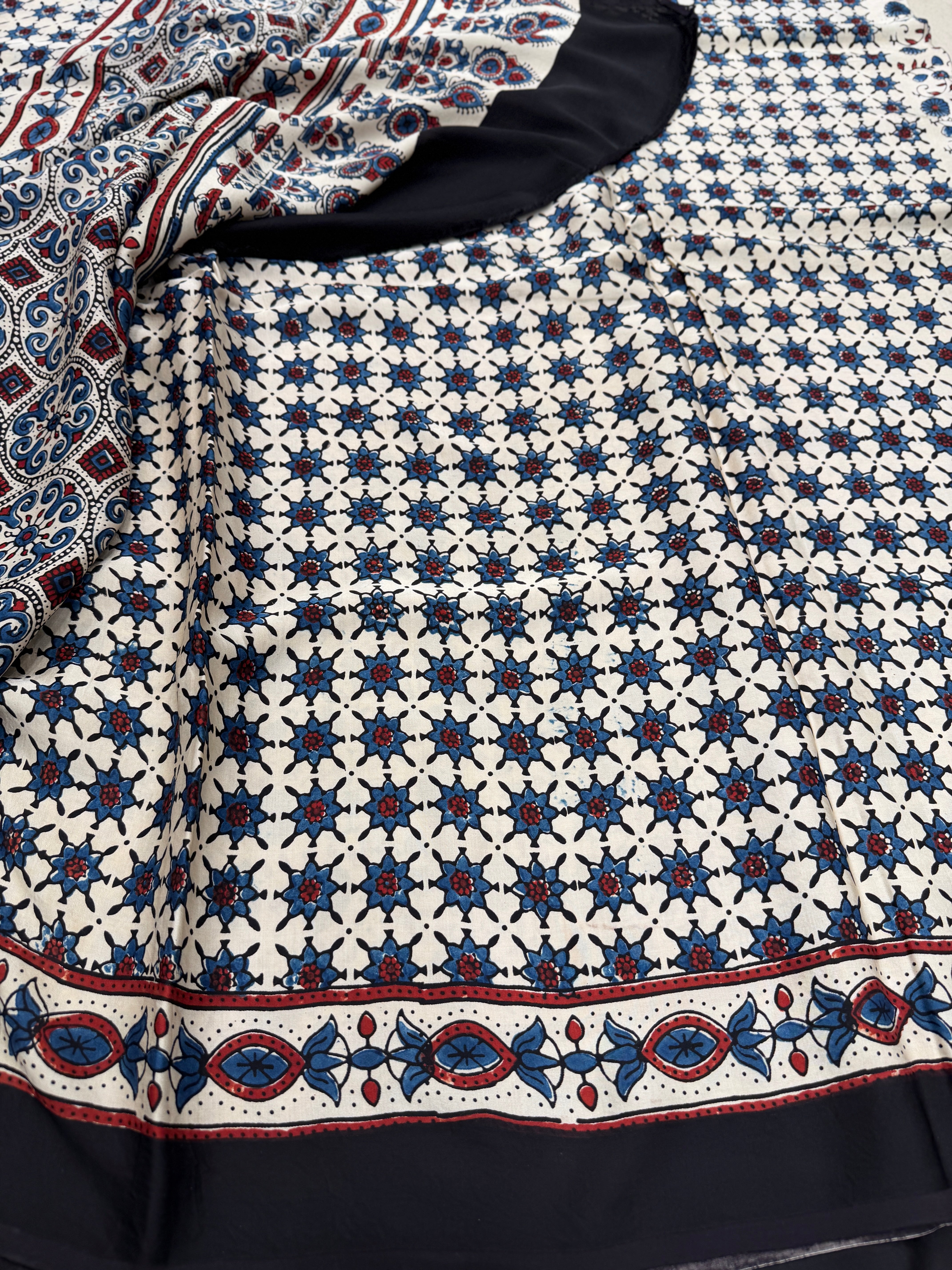 White Floral Jaal Ajrakh Hand Block Print Pure Modal Silk Saree