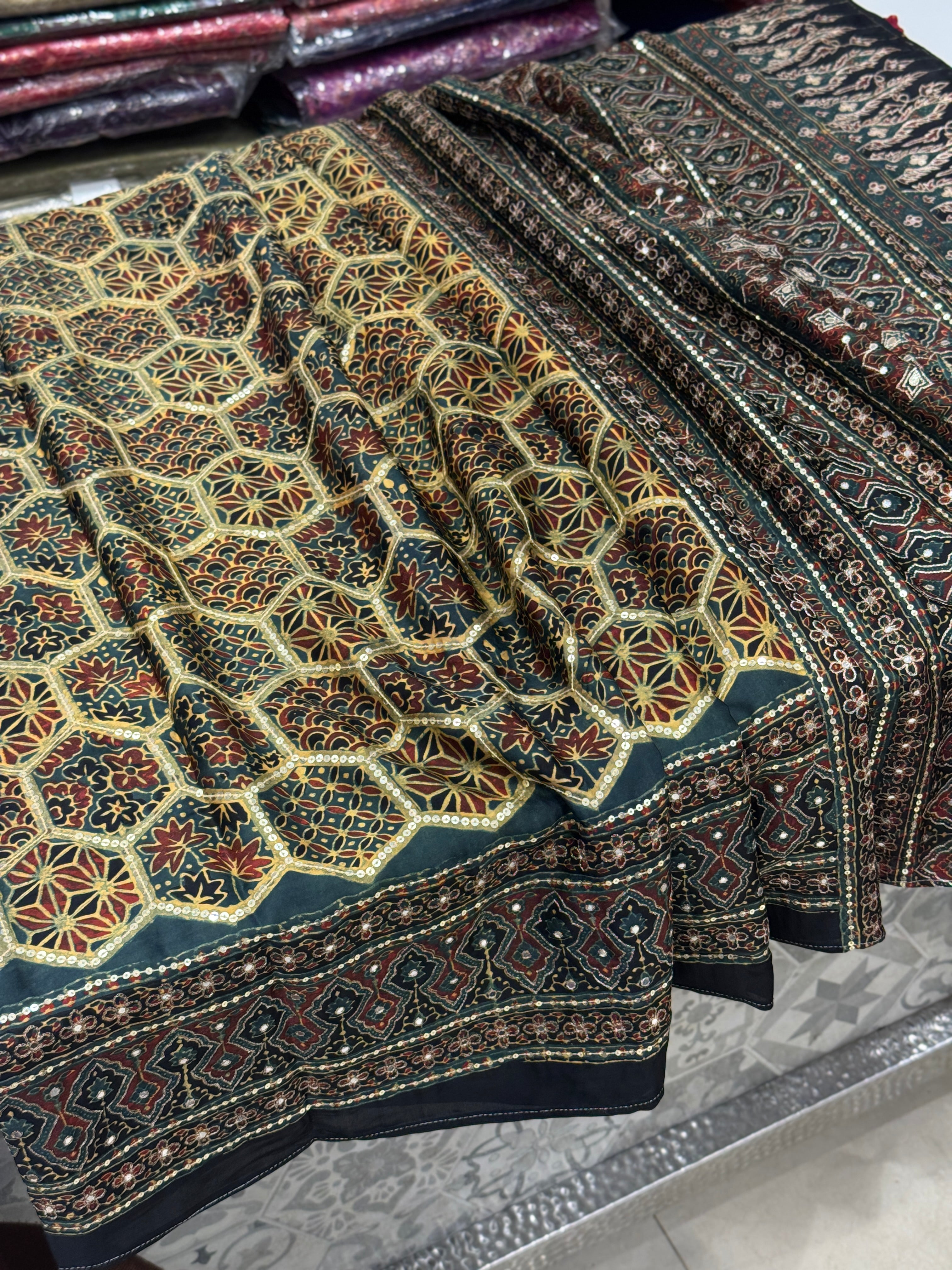 Mustard Rama Jaal Abstract Pita Sequin Ajrakh Hand Embroidery Saree