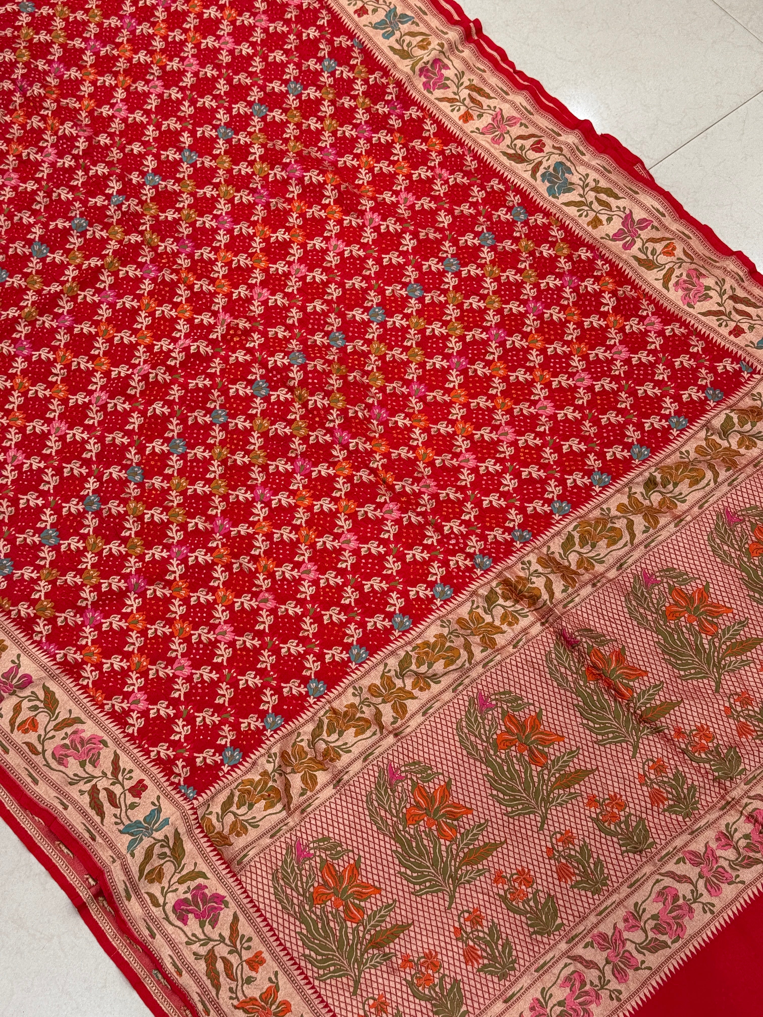 Red Meenakari Floral Jaal Rai Bandhej Georgette Bandhini Saree