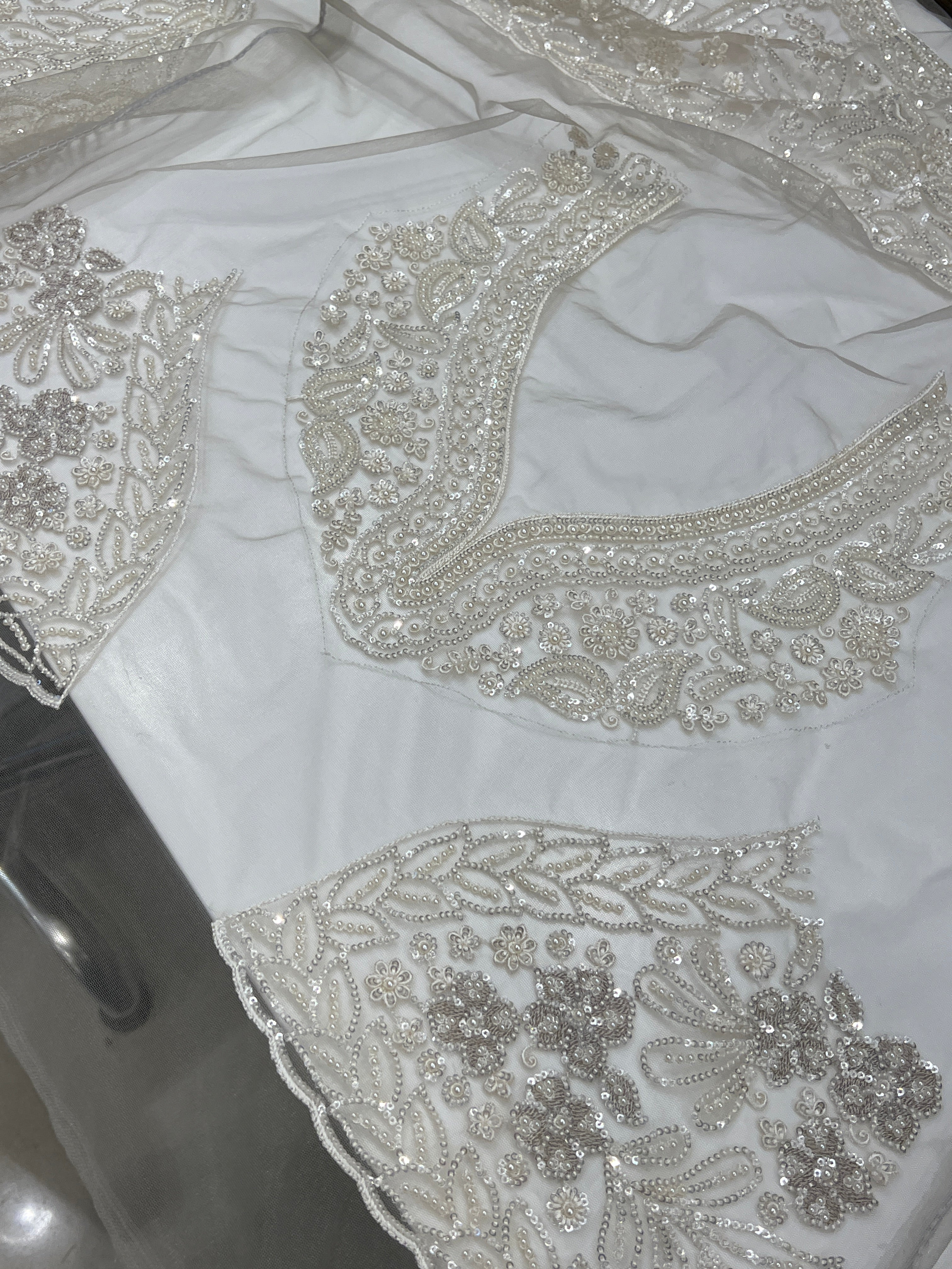 Champagne Resham Moti Jaal Net Embroidery Saree Heavy Blouse