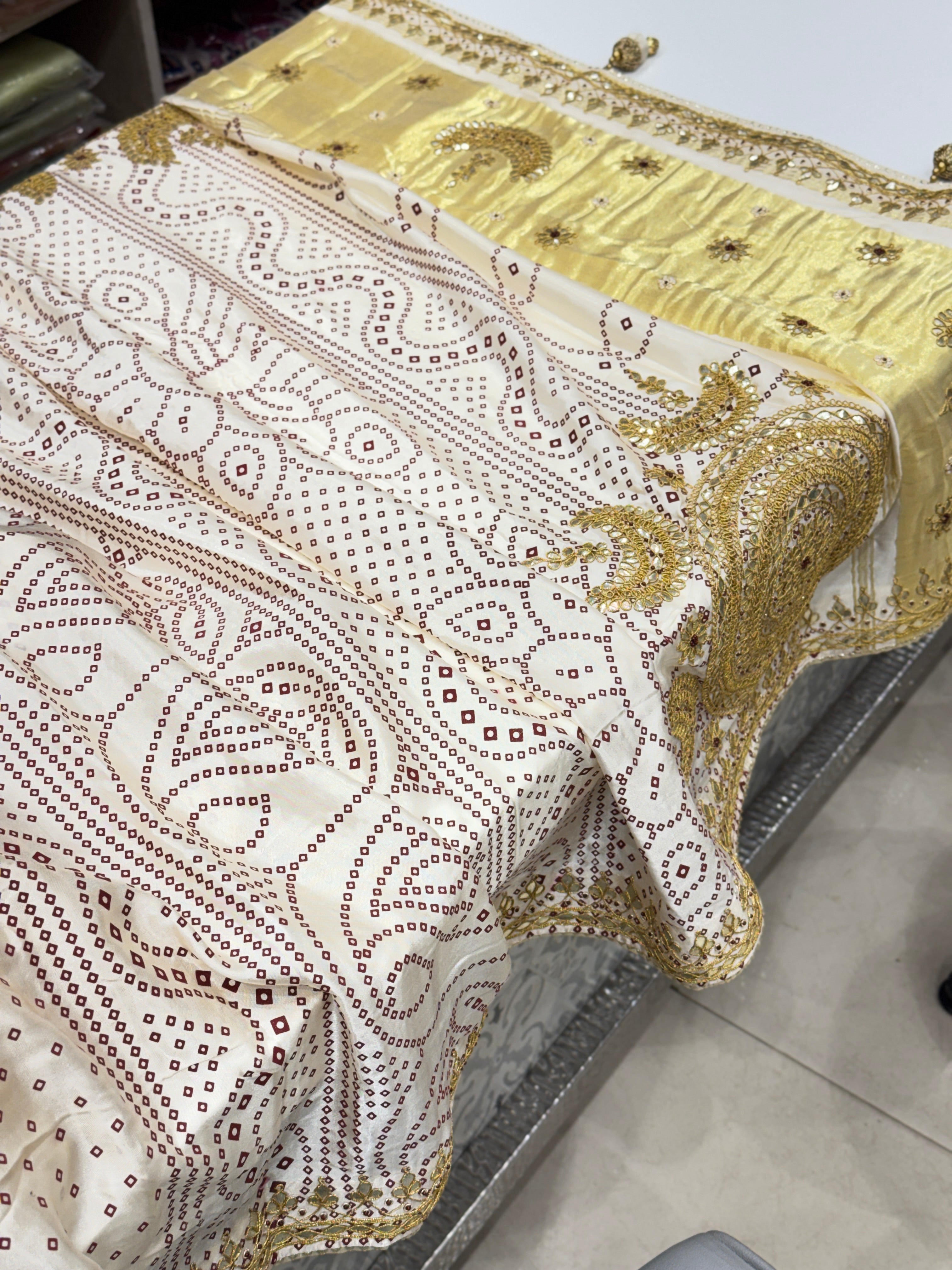 Moti White Gajji Silk Bandhej Print Hand Embroidery Gotapatti Work Saree