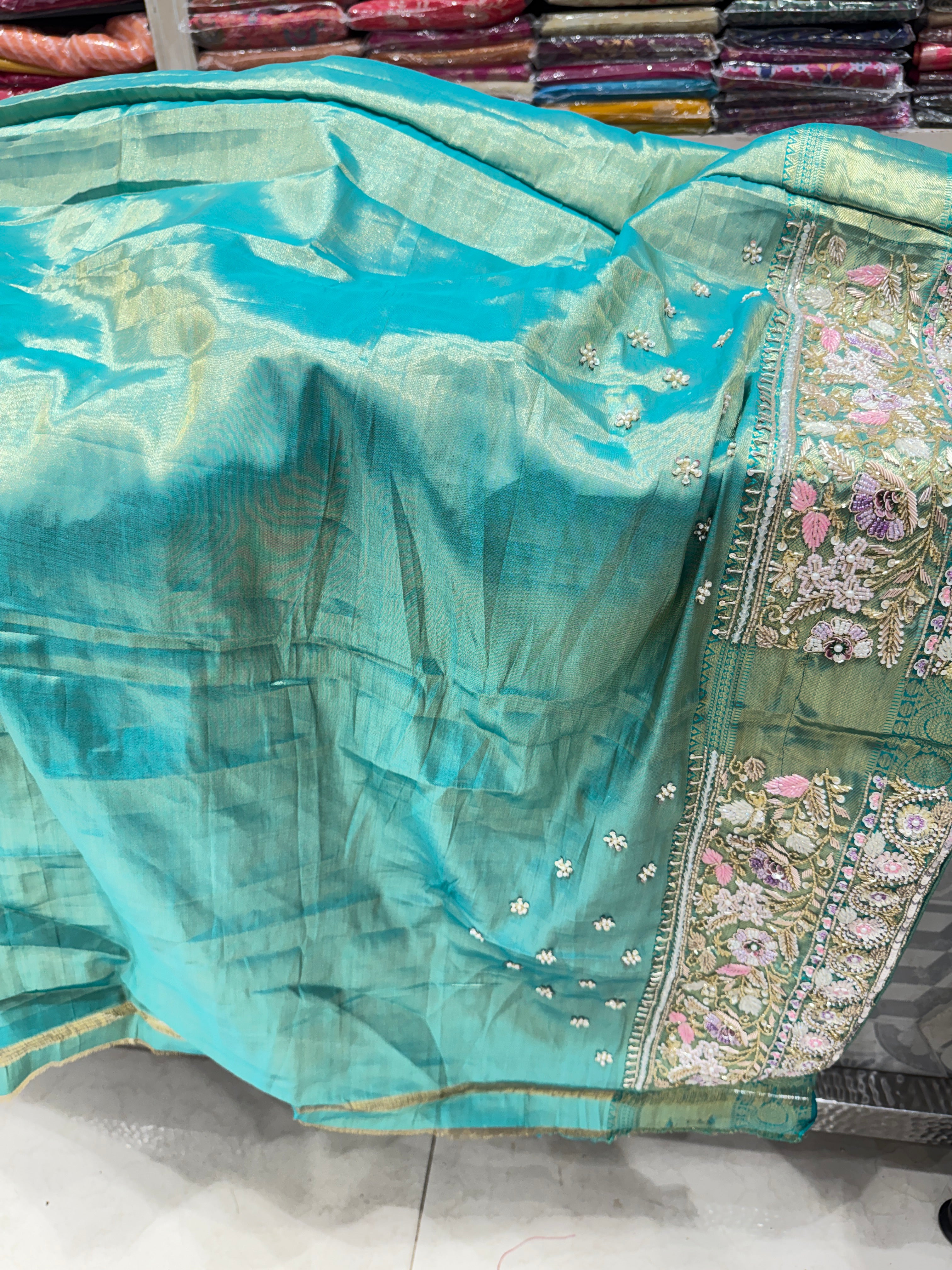 Pista Green Floral Tissue Kanjivaram Hand Embroidery Saree