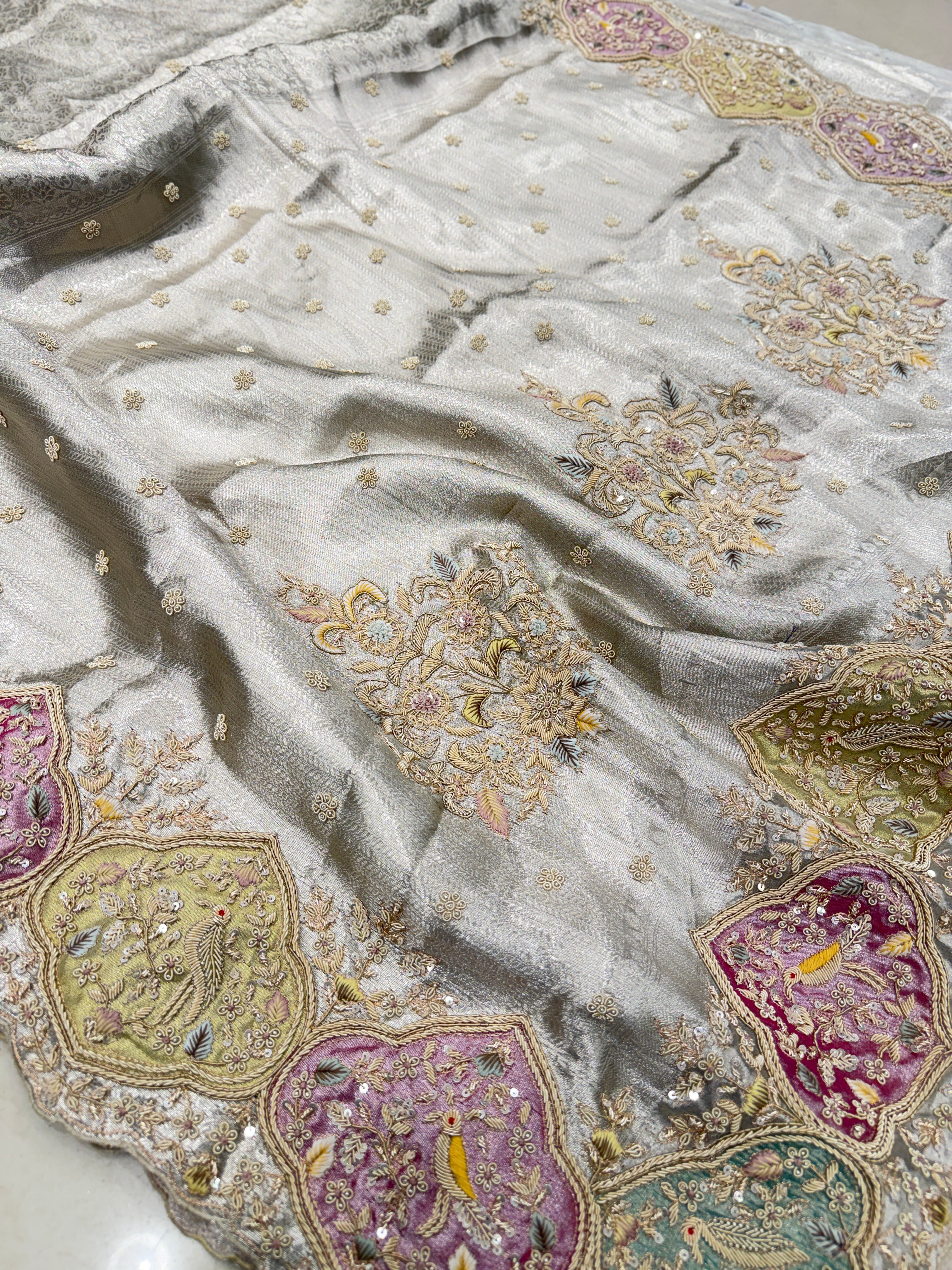 Silver Tissue Kanjivaram Zardosi Patch Work Hand Embroidery Saree