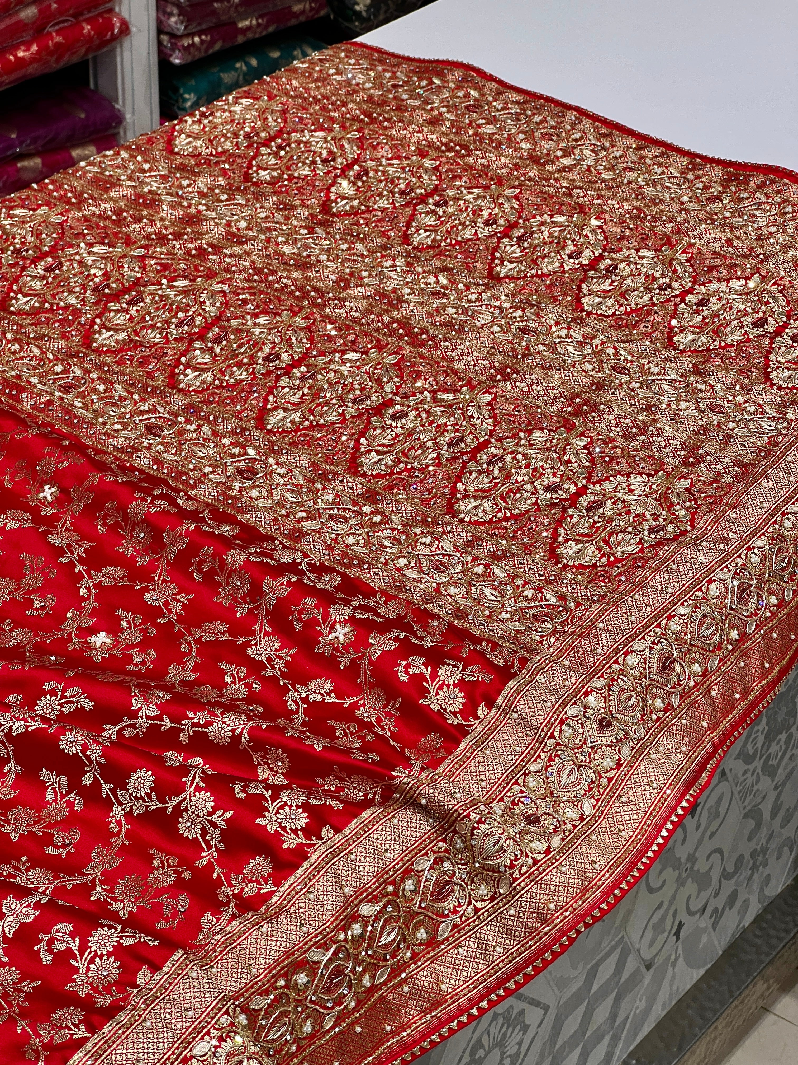 Red Banarasi Silk Jaal Zardosi Hand Embroidery Saree