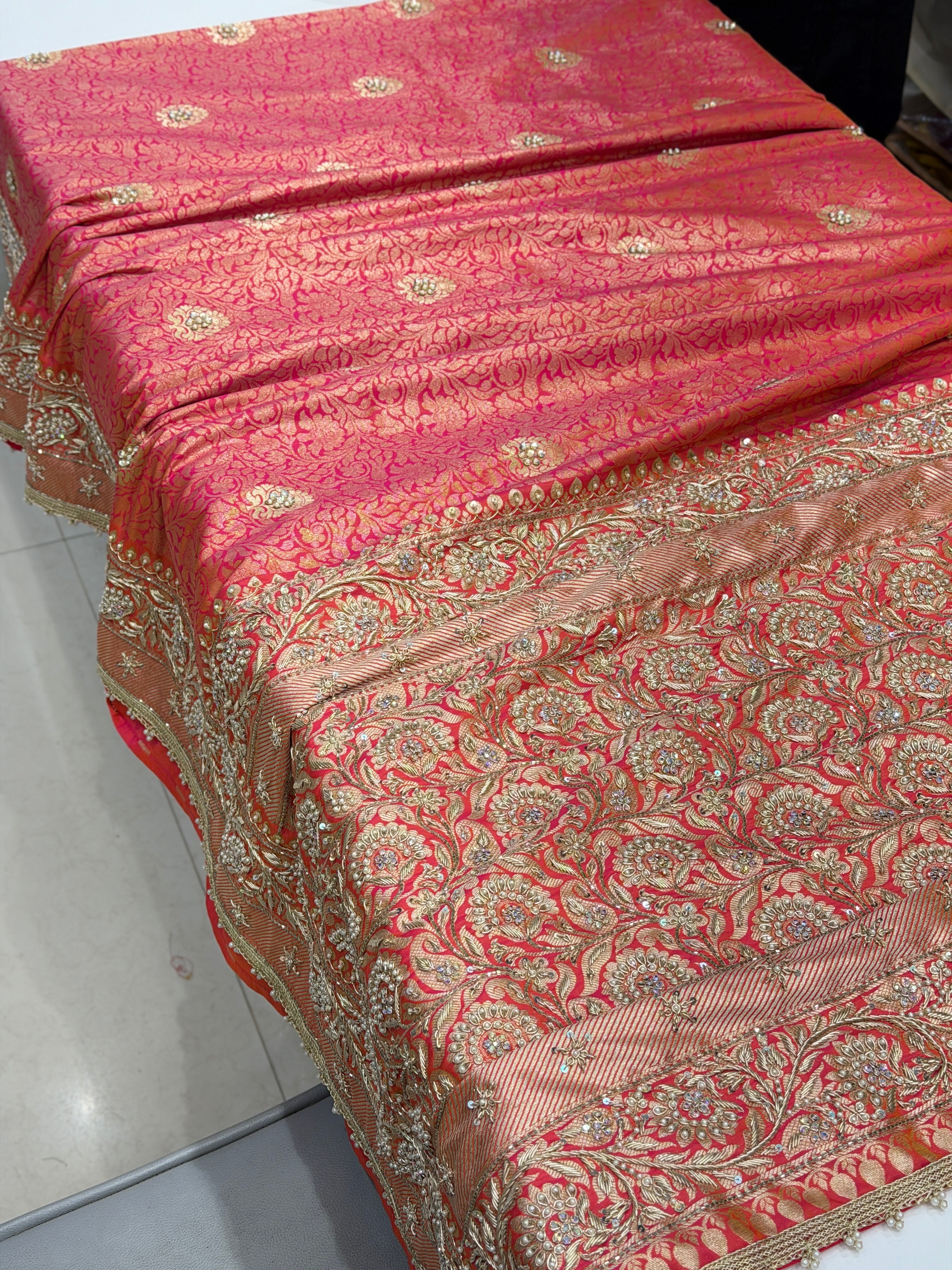 Rani Dhupchav Banarasi Zardosi Hand Embroidery Brocade Saree
