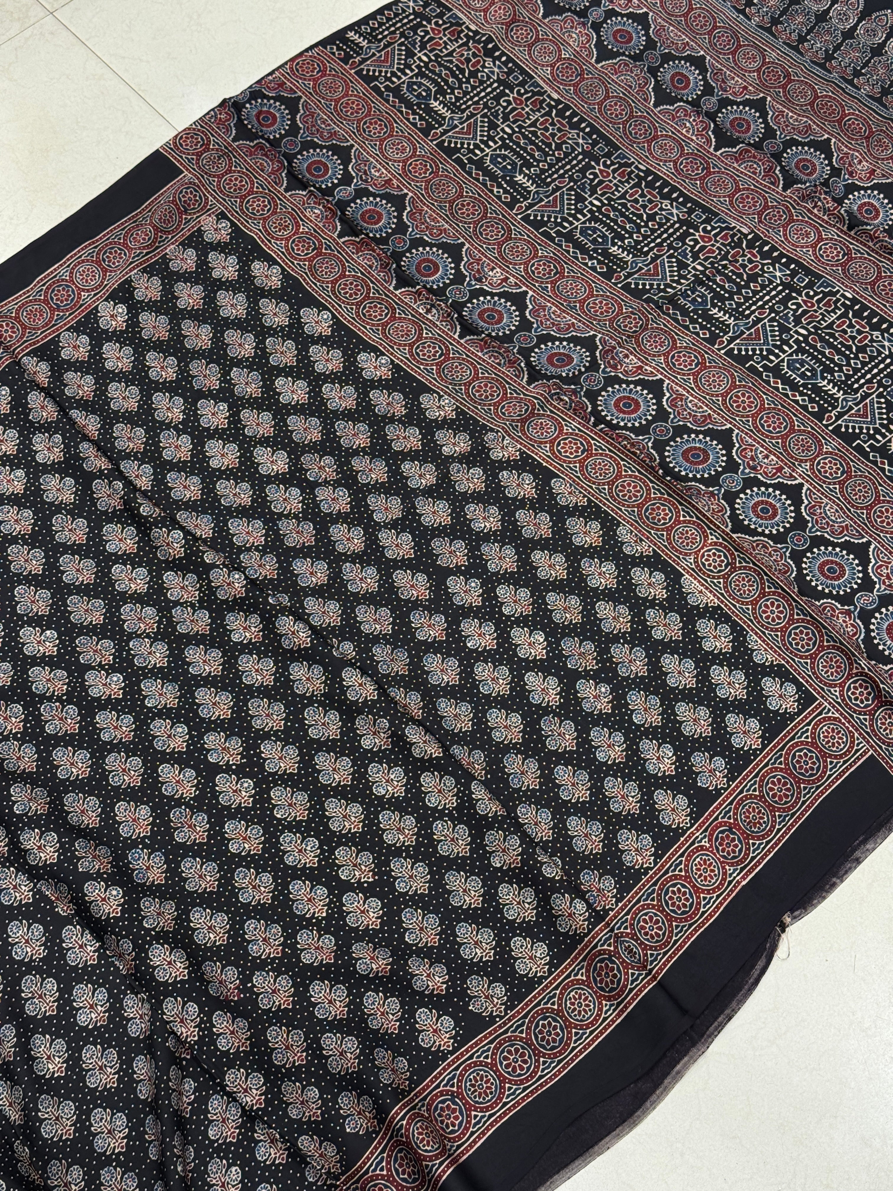 Black Floral Buttas Dot Style Hand Block Print Ajrkah Pure Gajji Silk Saree