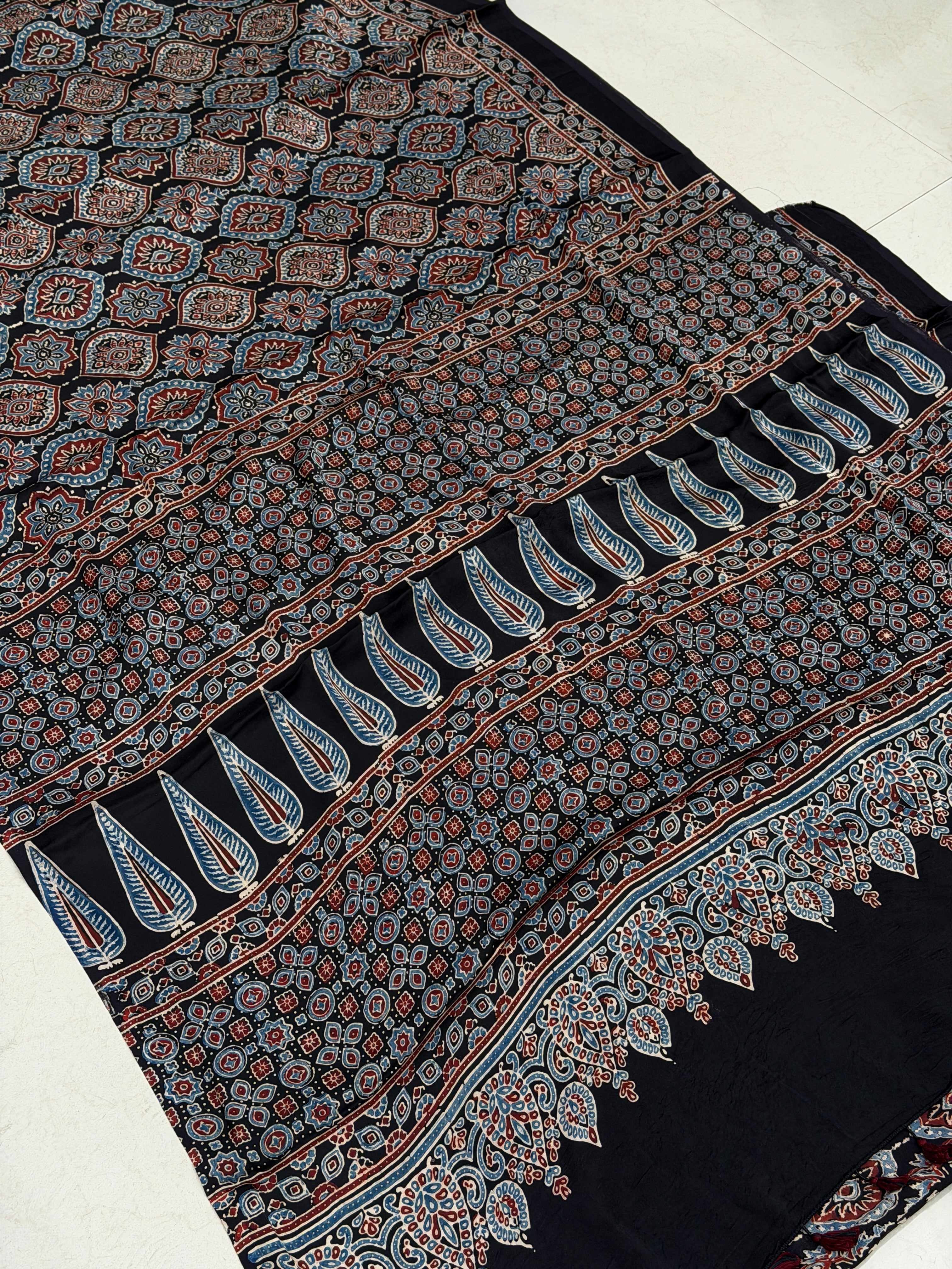 Black Badam Butti Ajrakh Hand Block Print Pure Modal Silk Saree