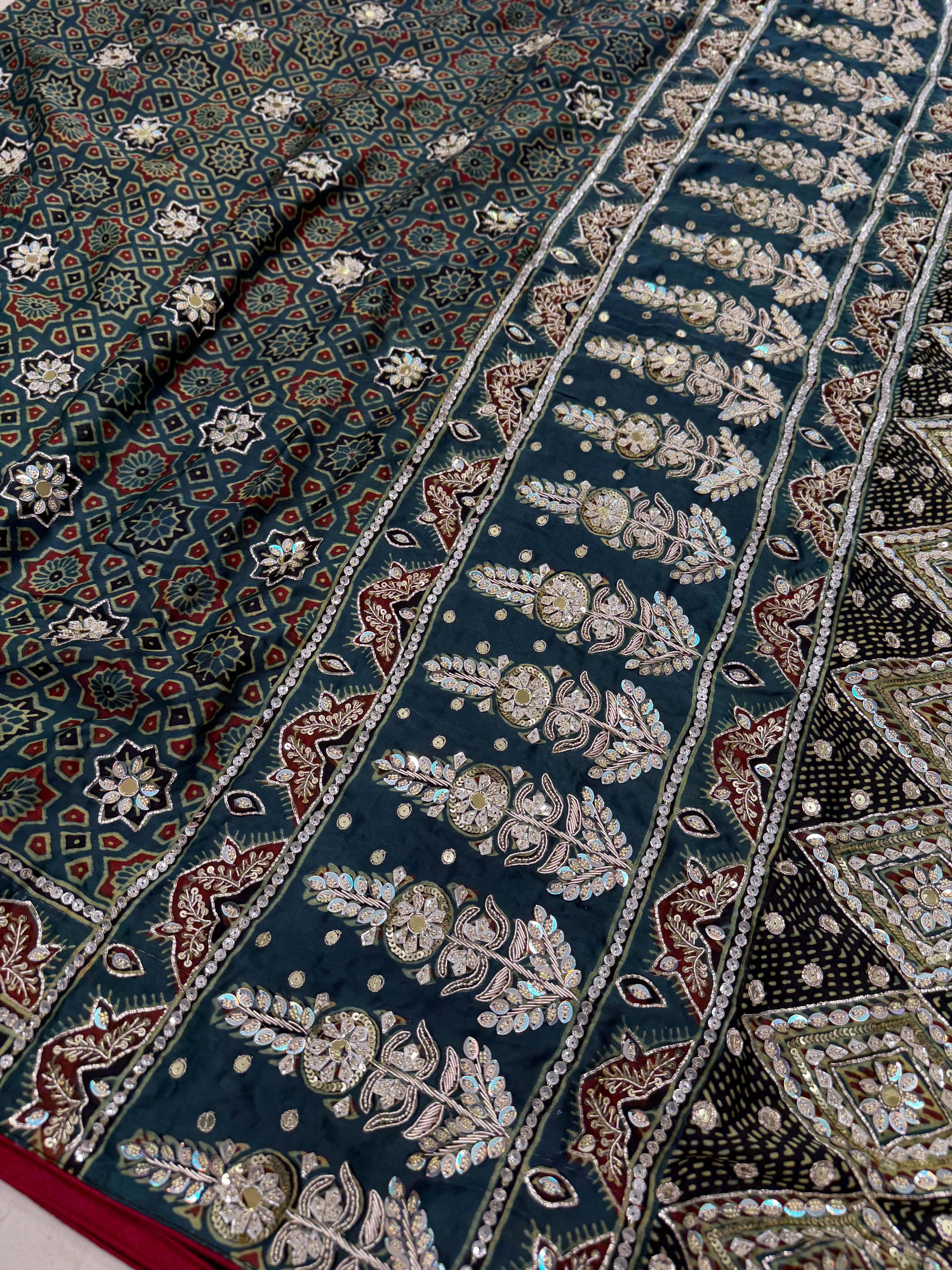Bottle Green Pita Sequin Ajrakh Hand Embroidery Saree