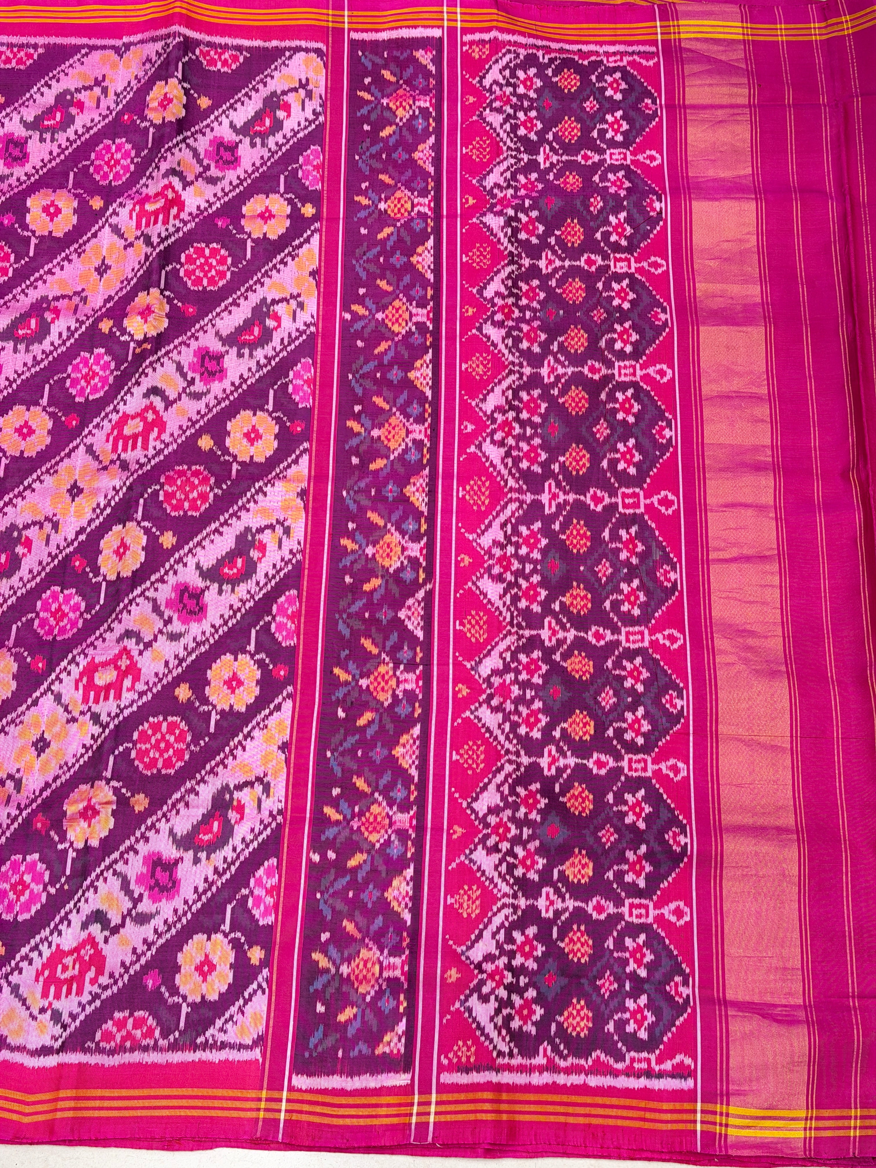 Contemporary Floral Elephant Handloom Rajot Ikat Patola Silk Saree