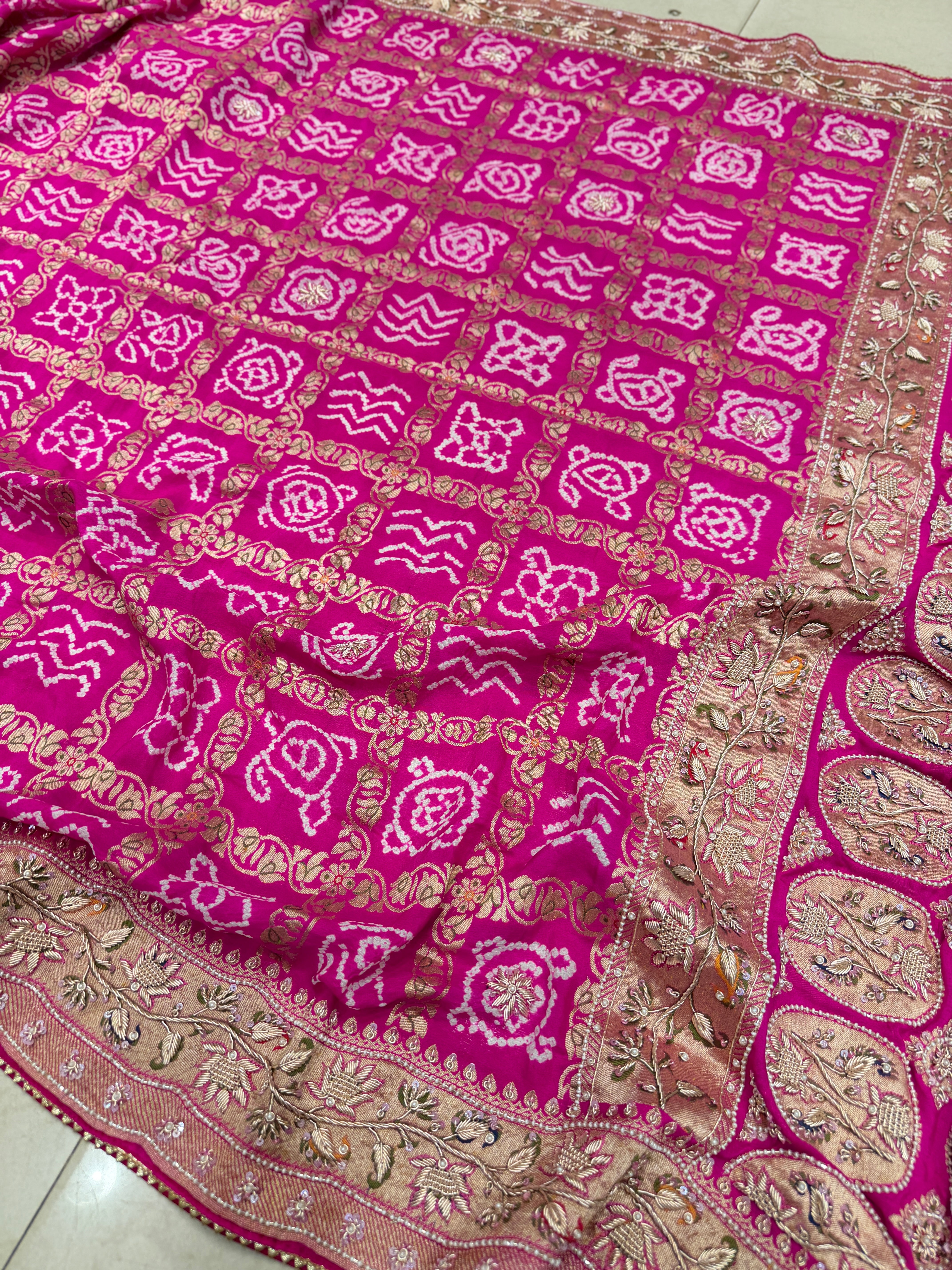 Rani Pink Gharchola Rai Bandhej Zardosi Hand Embroidery Saree