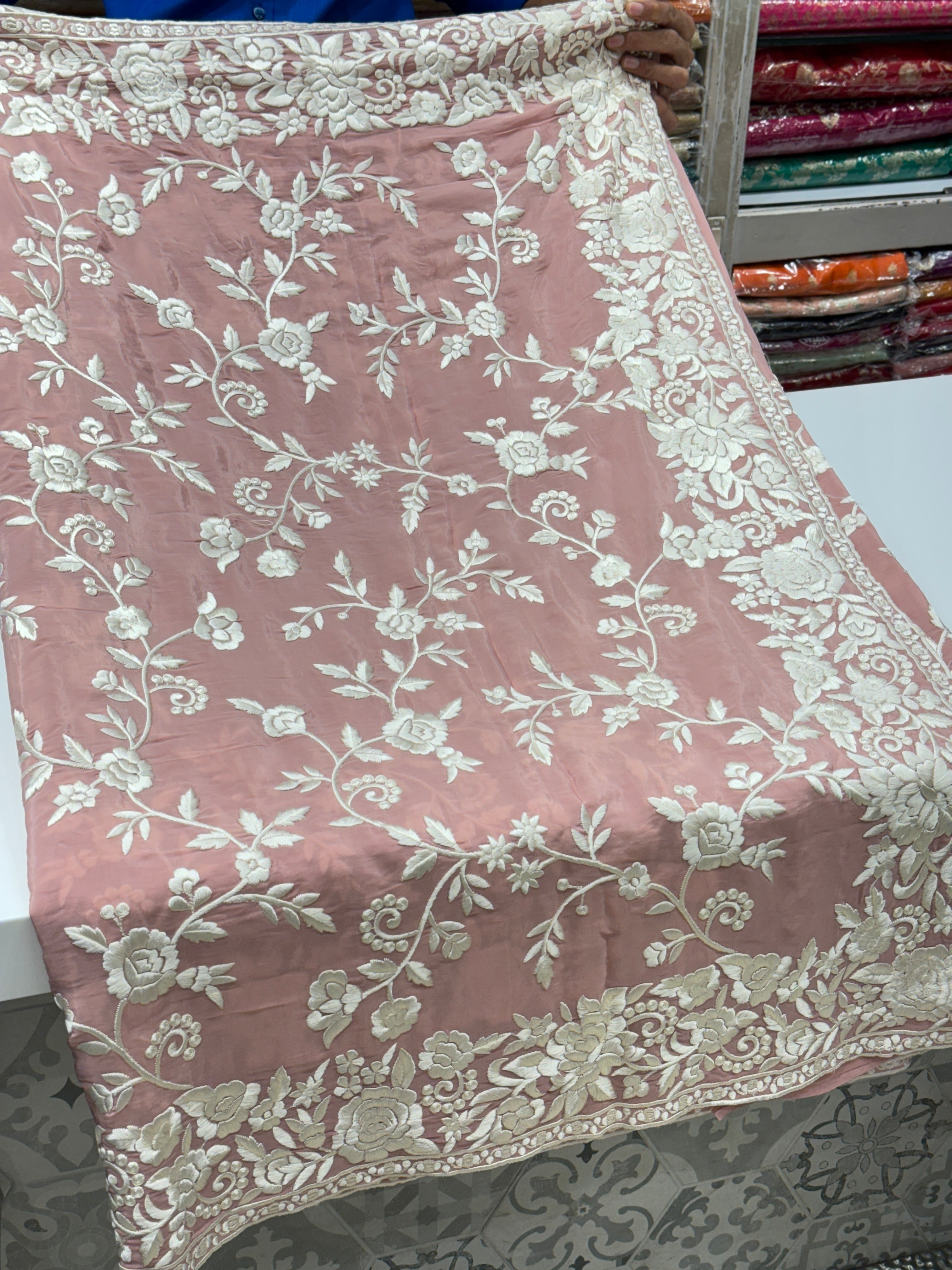 Pink Crepe Floral Parsi Gara Saree