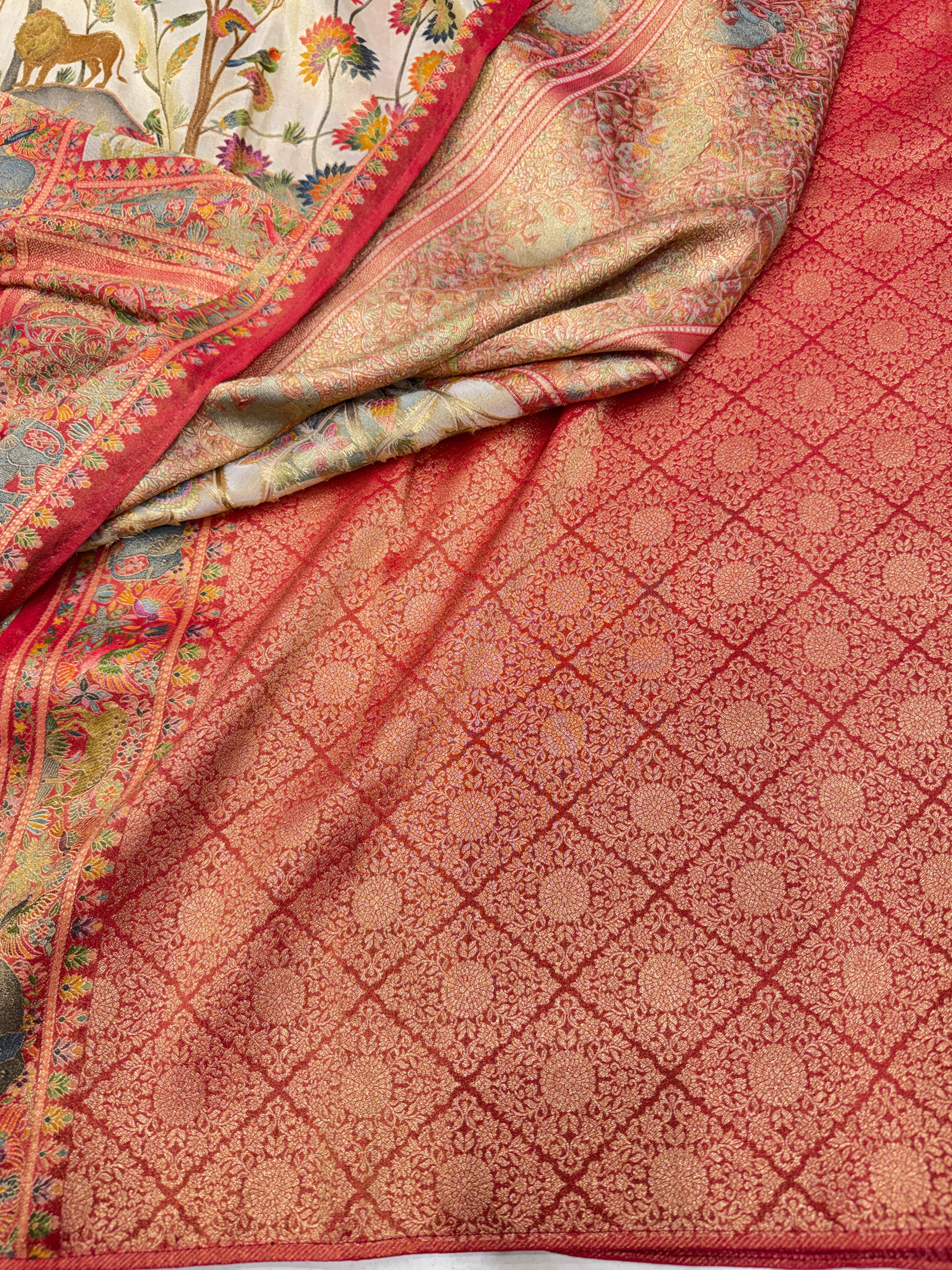 Beige Pashmina Style Shikara Theme Silk Saree
