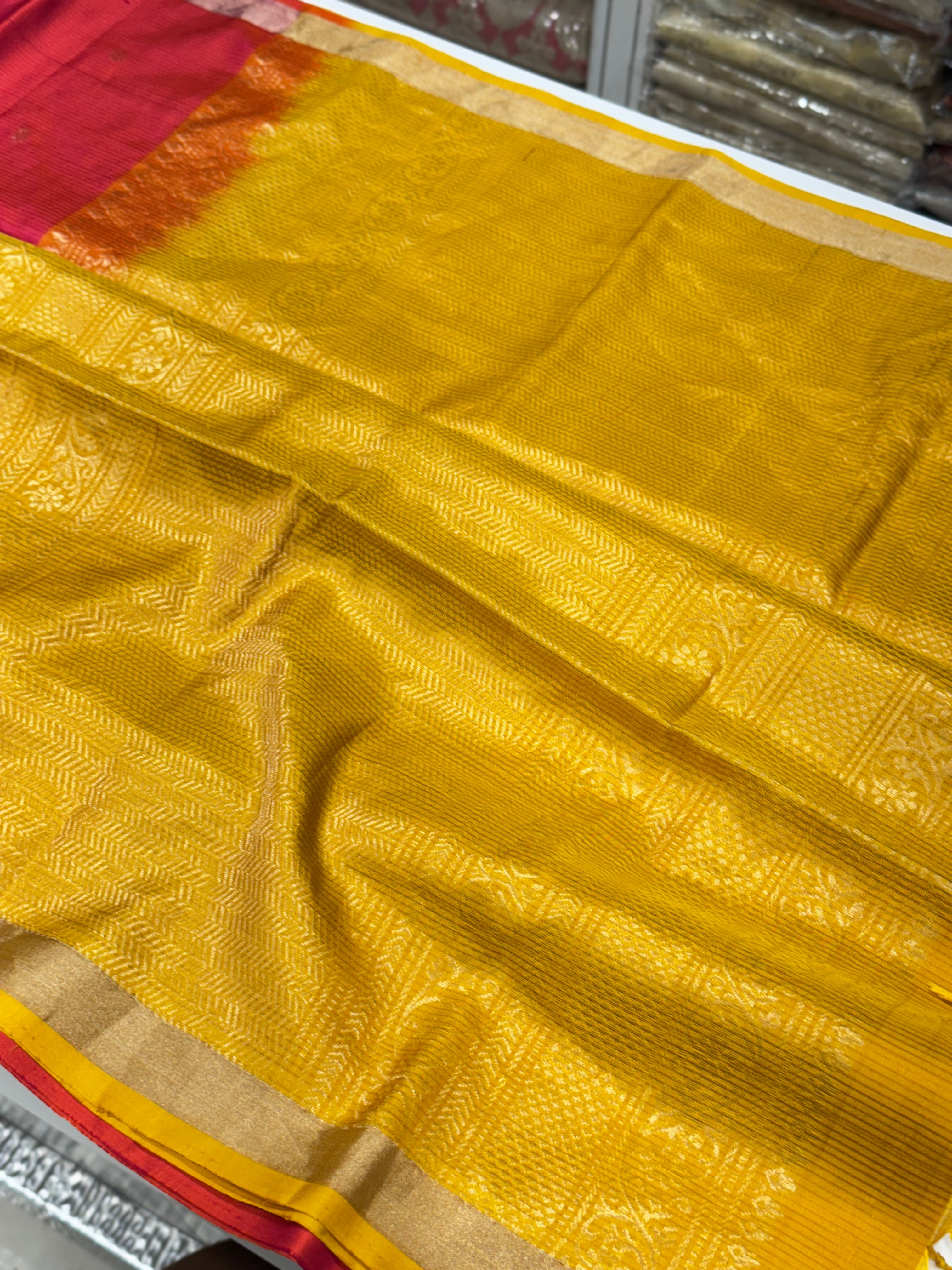 Rani with Yellow Buttis Handloom Kanchipuram Pure Silk Saree
