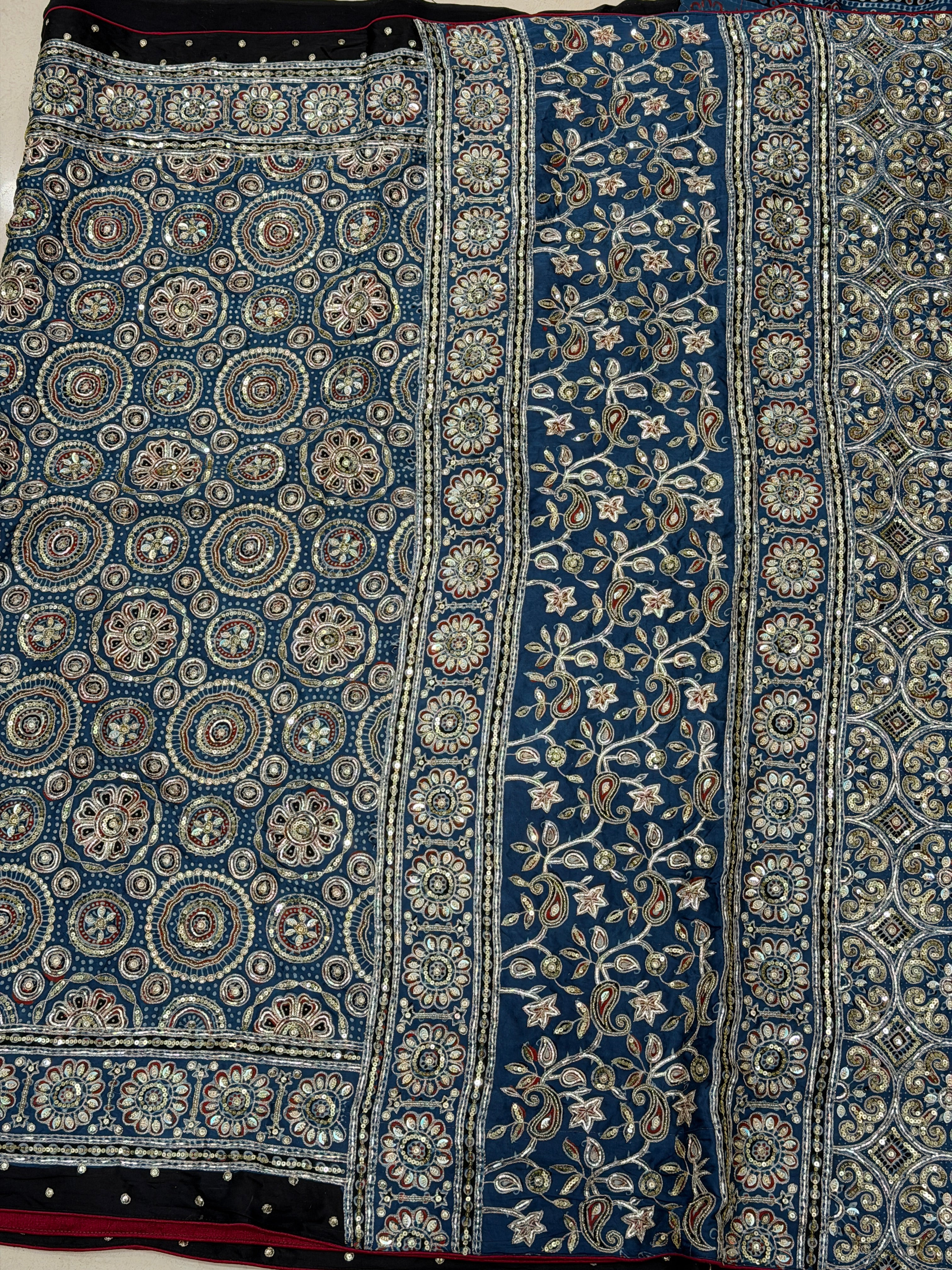 Blue Ajrakh Badam Jaal Pita Sequin Moti Hand Embroidery Saree