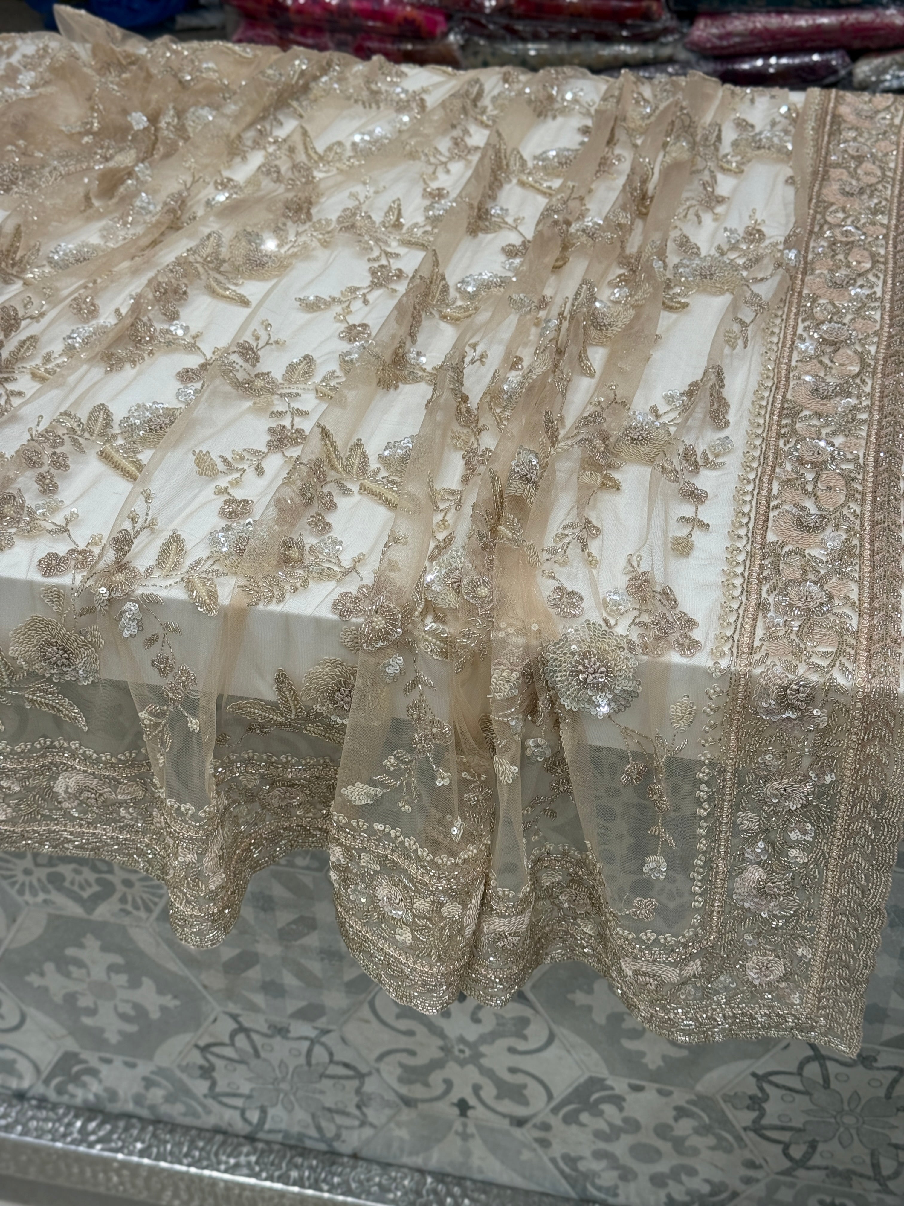 Nude Net Hand Embroidery Zardosi Moti Knot Work Saree