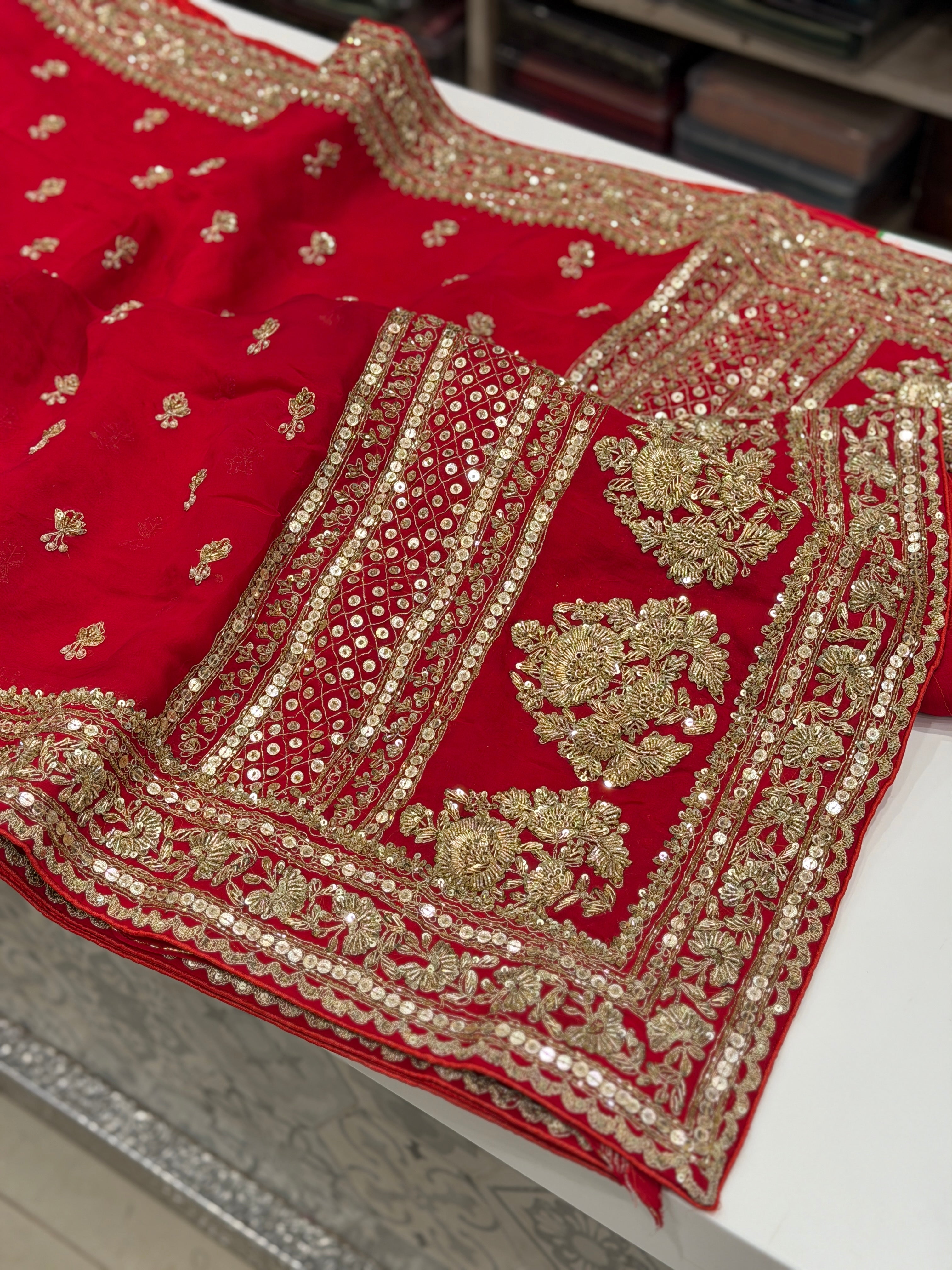 Red Satin Organza Sabyasachi Inspired Zardozi Butti Saree