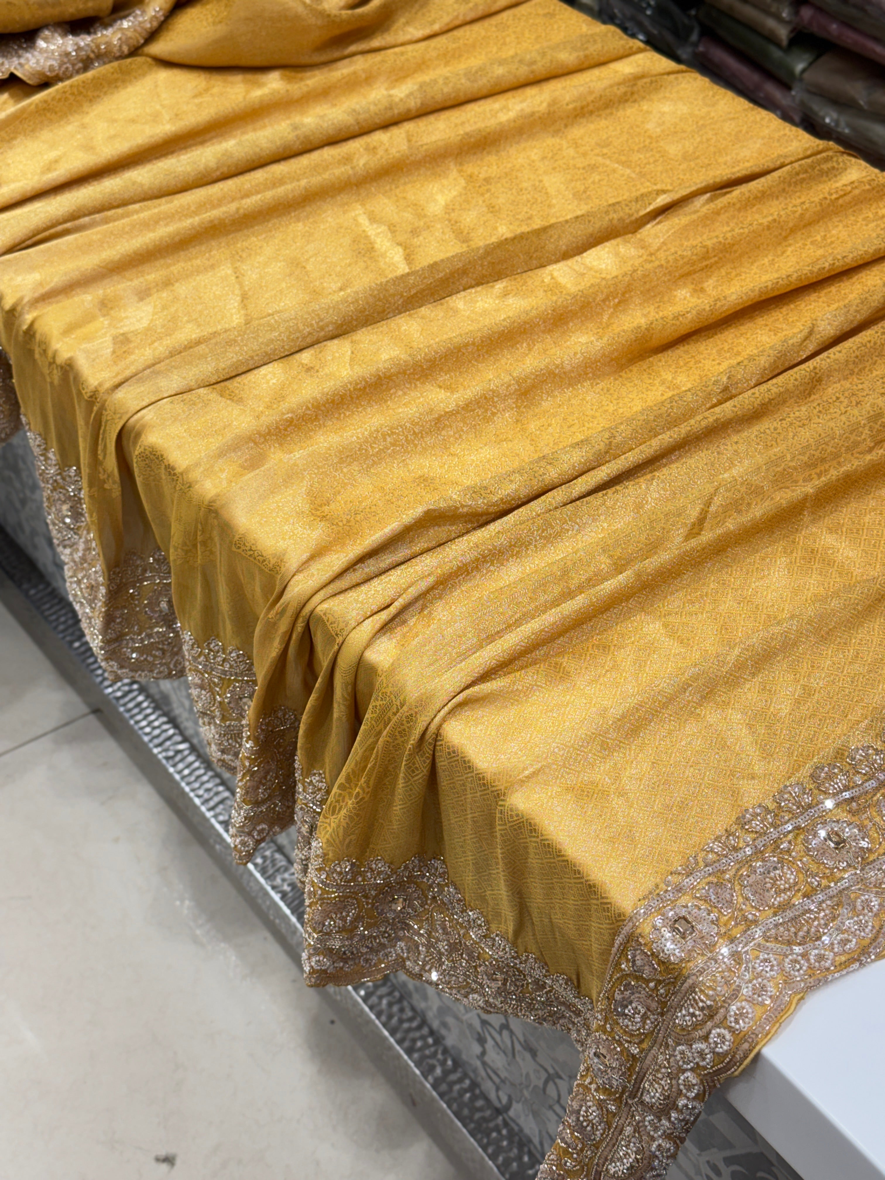 Yellow Soft Silk Moti Cutdana Embroidery Saree