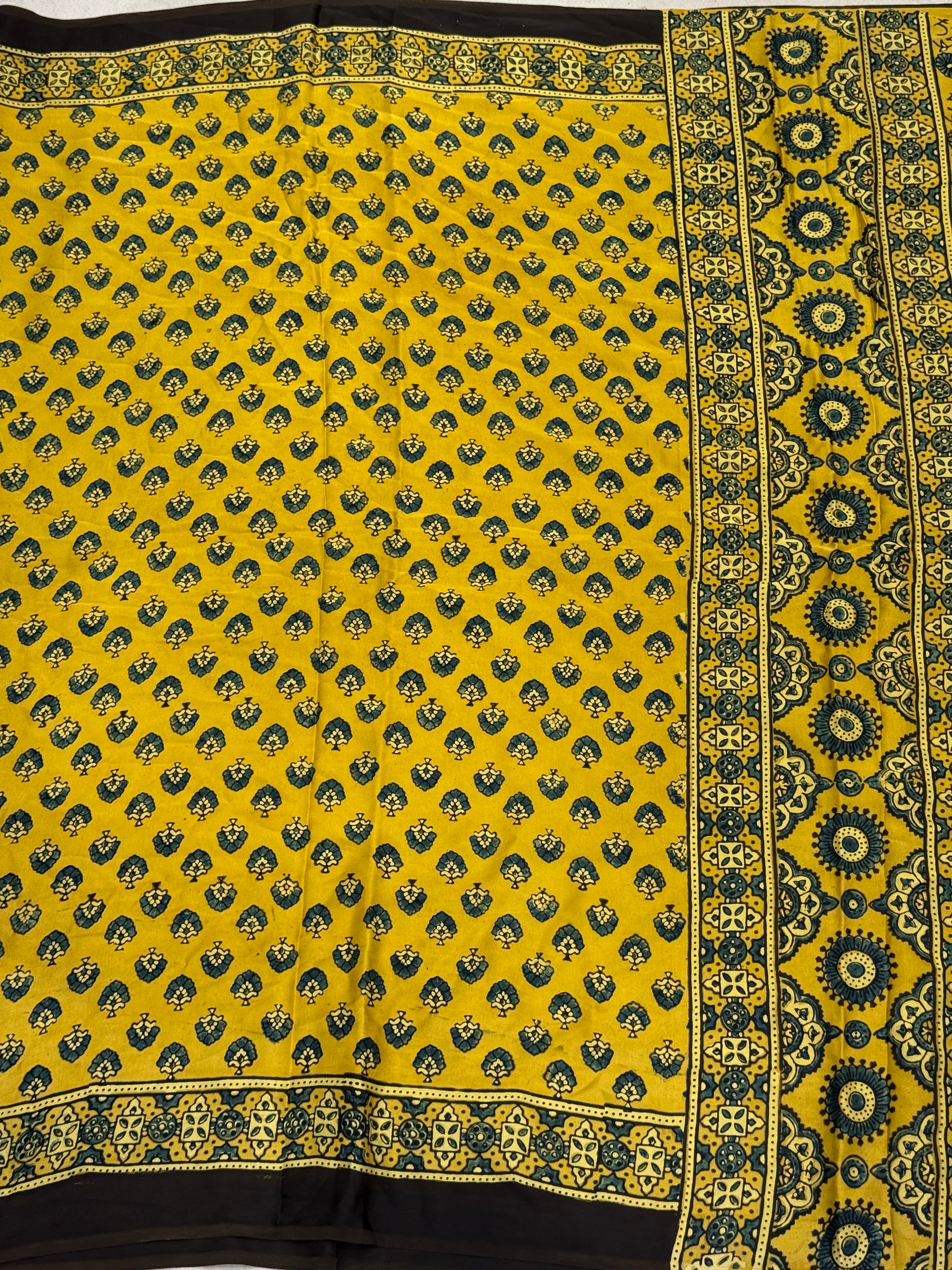 Yellow Floral Butti Ajrakh Modal Gajji Silk Saree