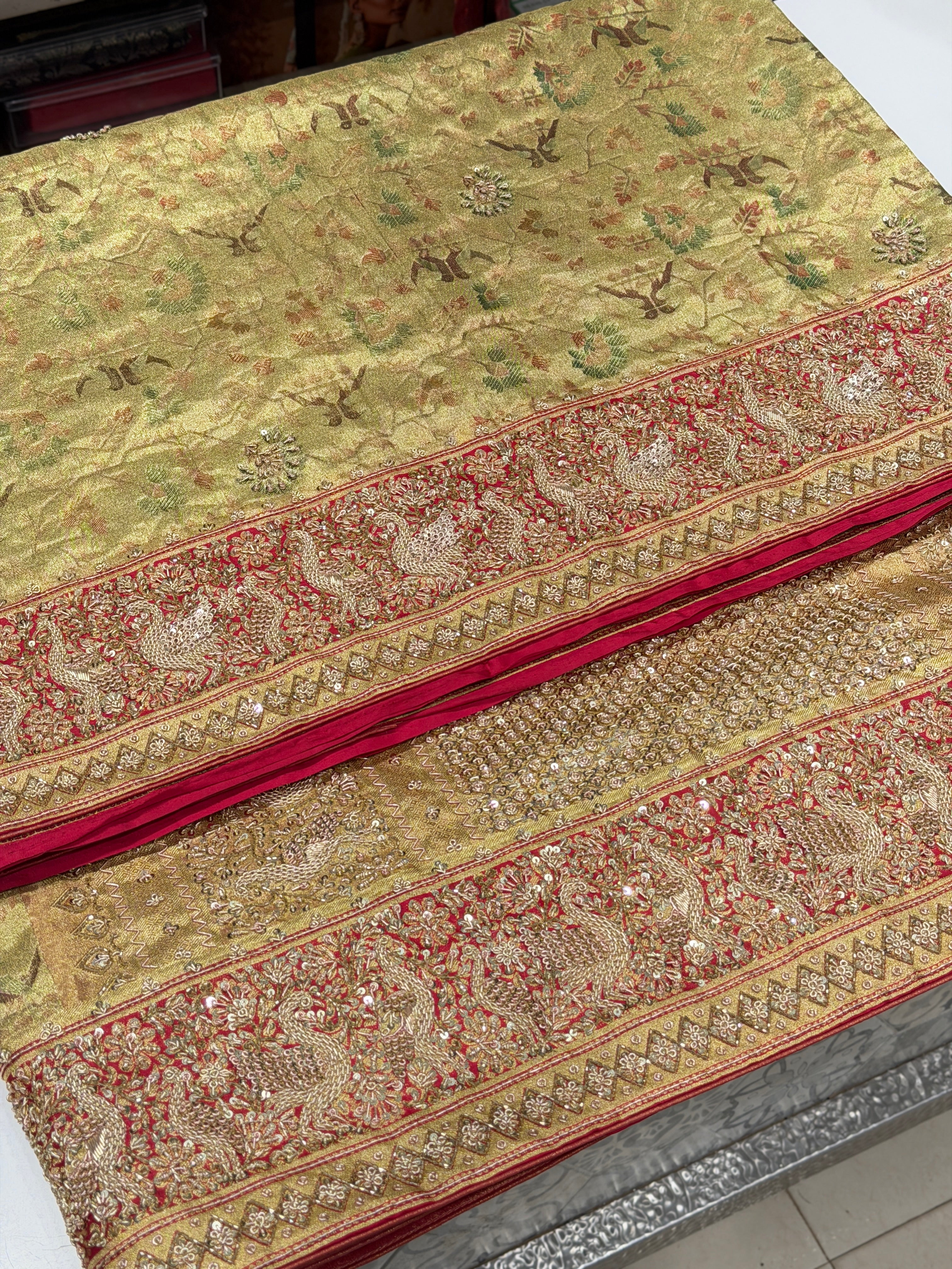 Pista Green Tissue Kanjivaram Paithani Style Zardosi Hand Embroidery Saree