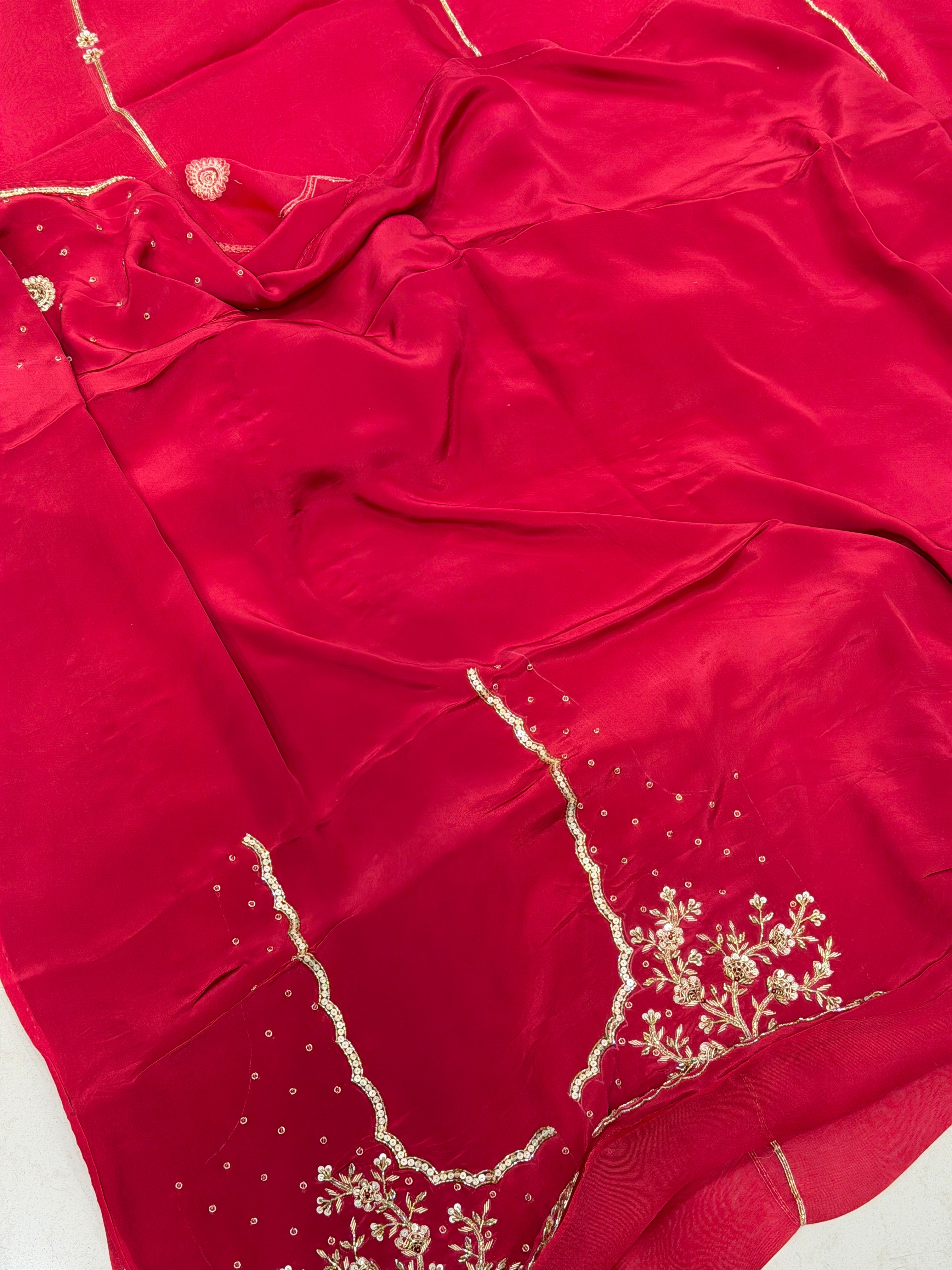 Red Pure Organza Raw Mango Inspired Contemporary Zardodi Moti Sequin Hand Embroidery Saree
