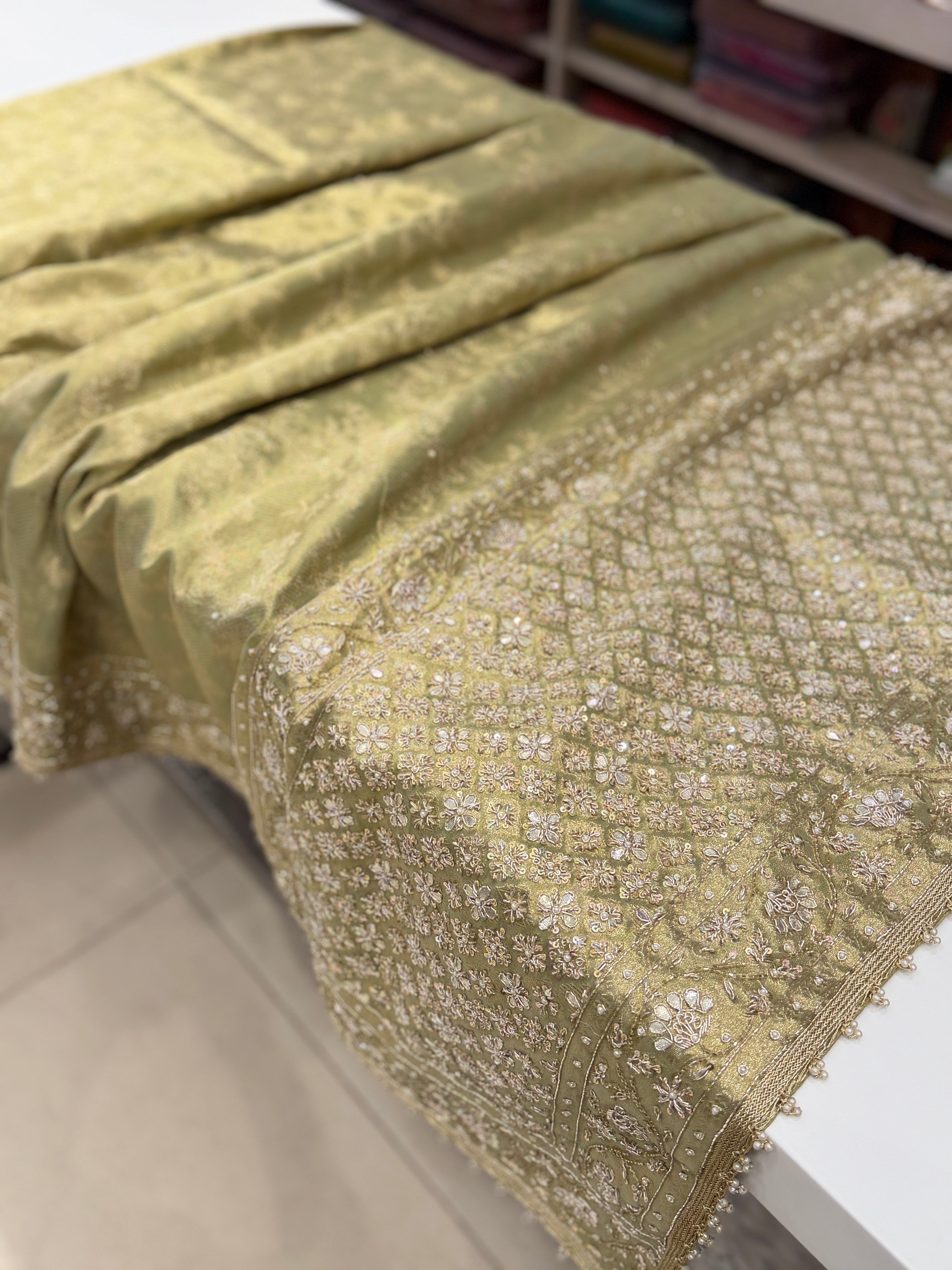 Pista Green Tissue Hand Embroidery Zardosi gota Saree