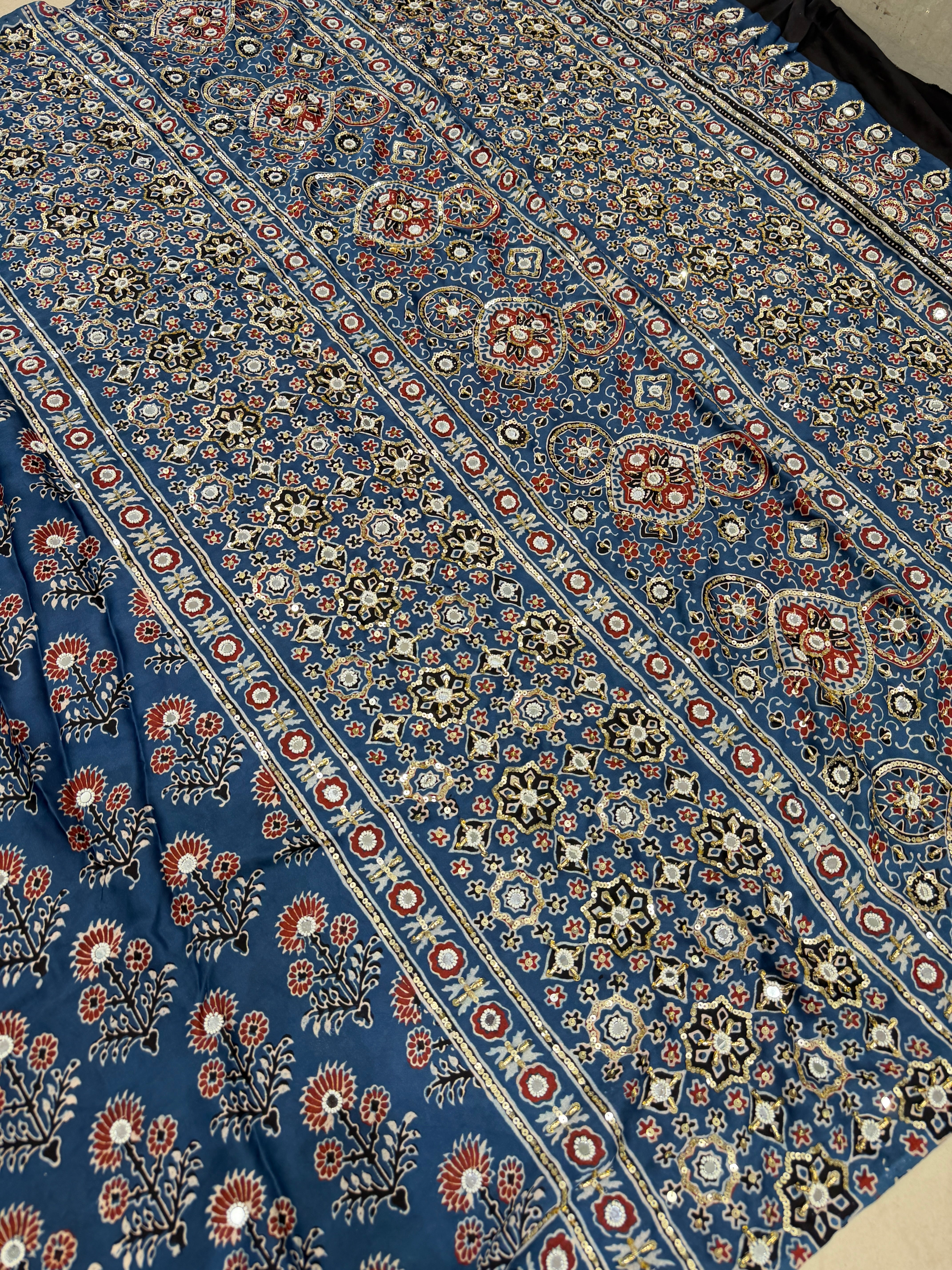 Blue Three Floral Buttas Ajrakh Real Mirror Moti Sequin Hand Embroidery Saree