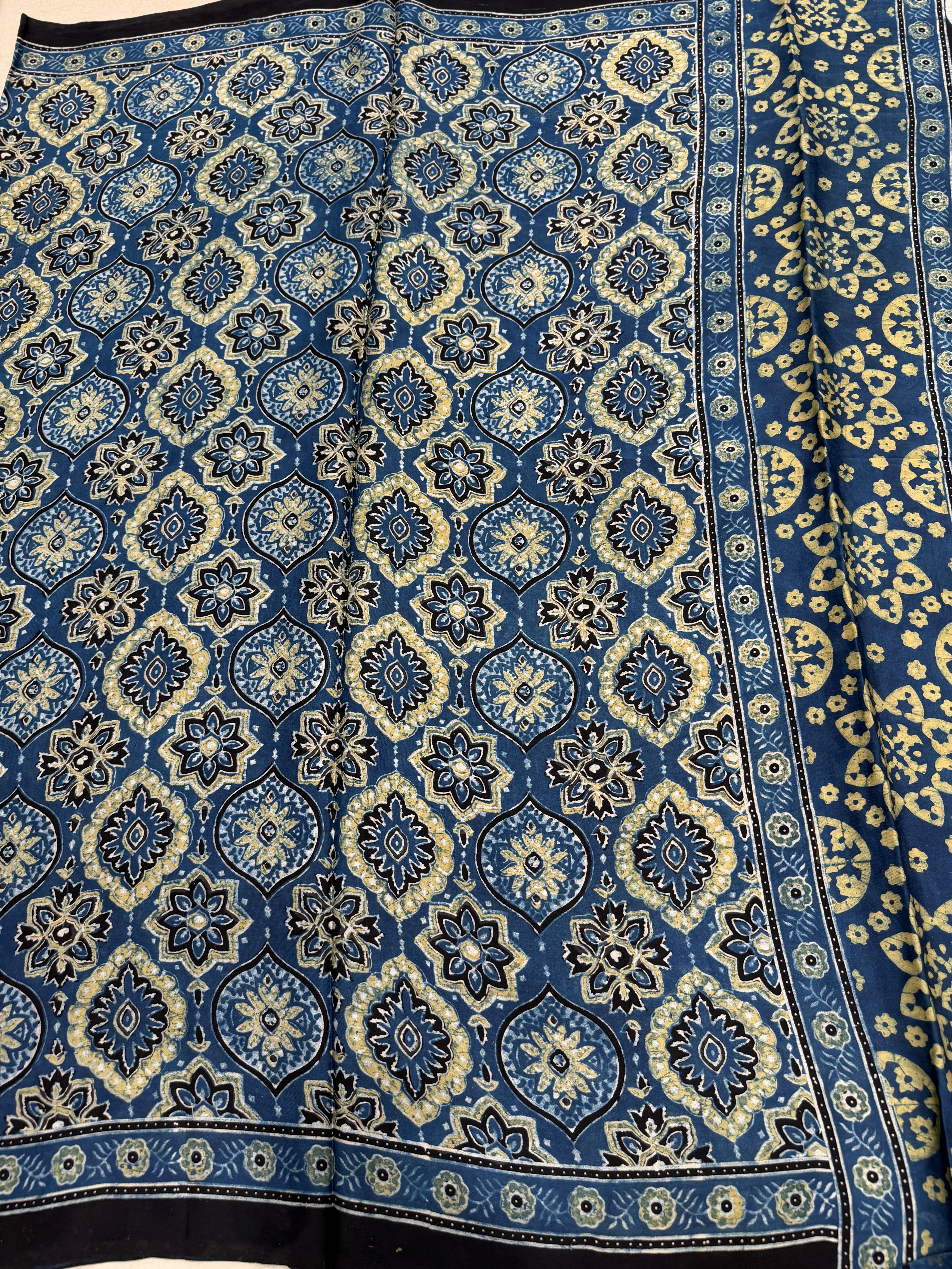 Blue Yellow Badam Jaal Ajrakh Hand Block Print Pure Gajji Silk Saree