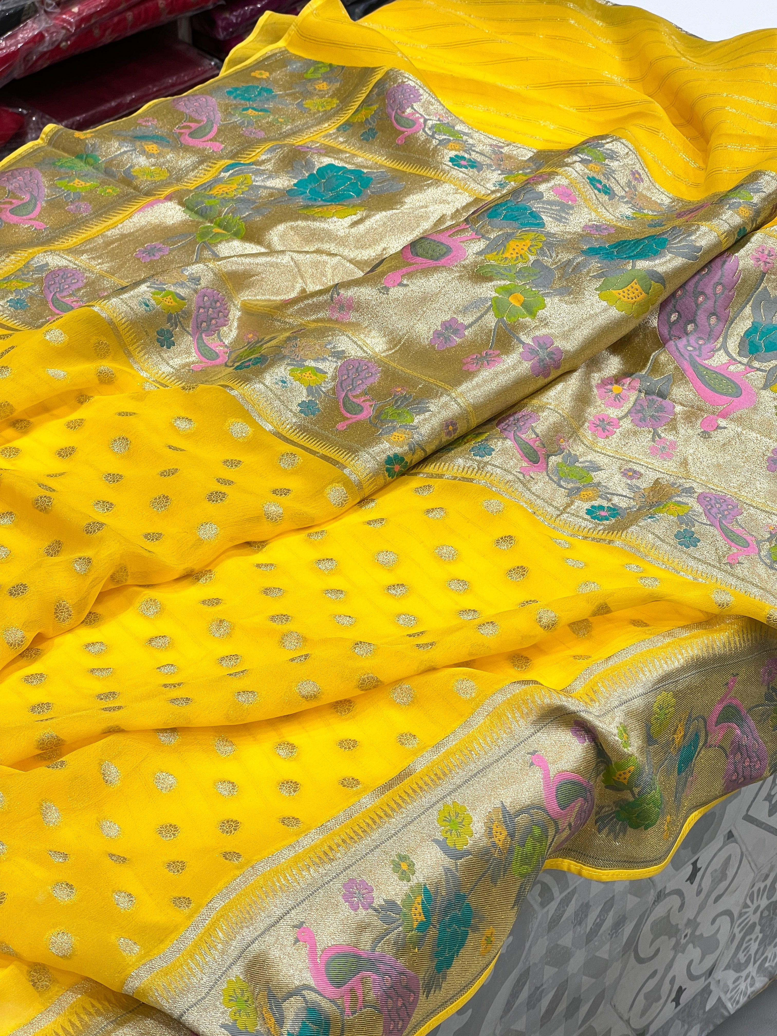 Yellow Georgette Paithani Buttis Saree