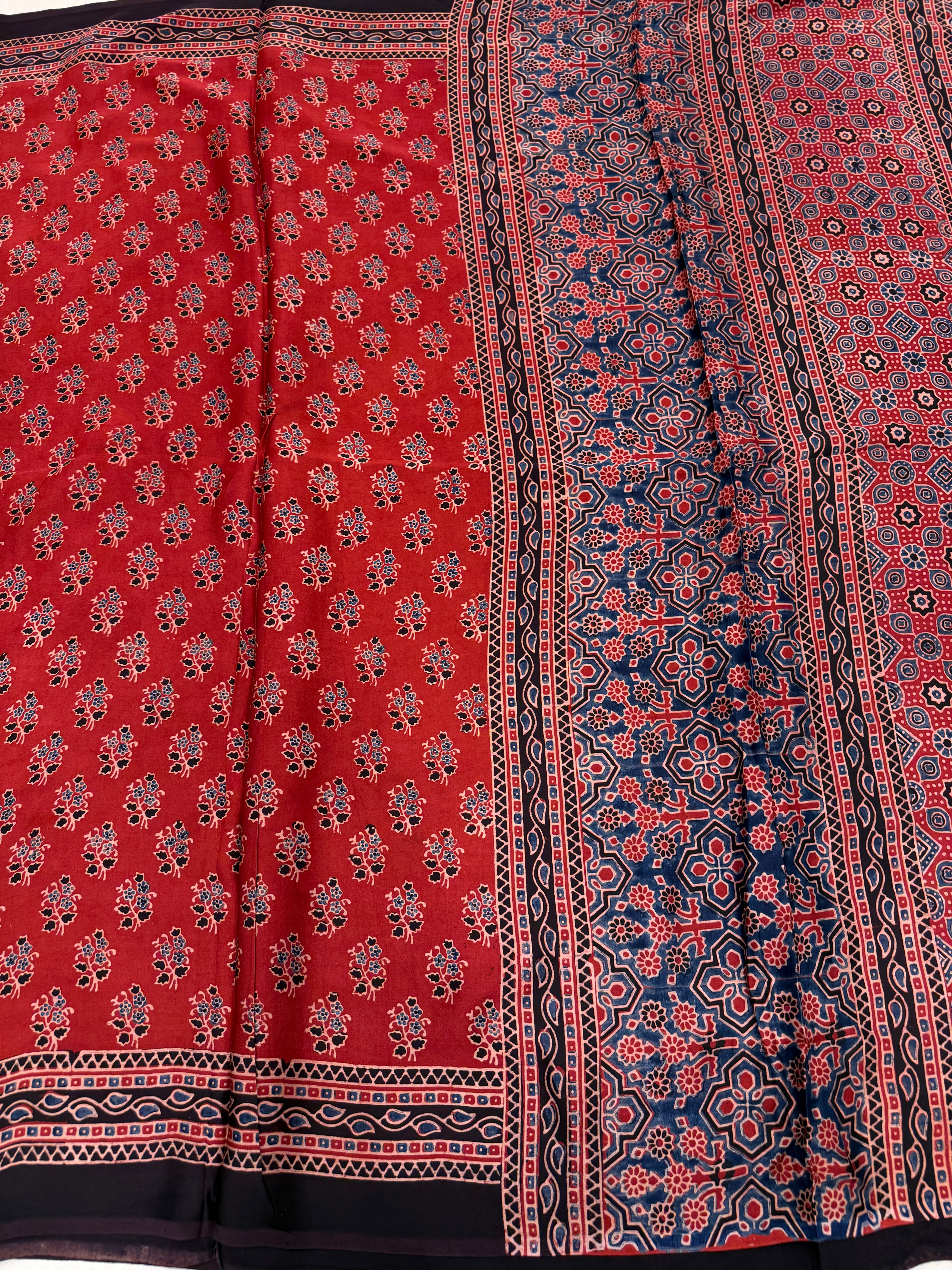 Red Buttis Ajrakh Block Print Hand Pure Gajji Silk Saree