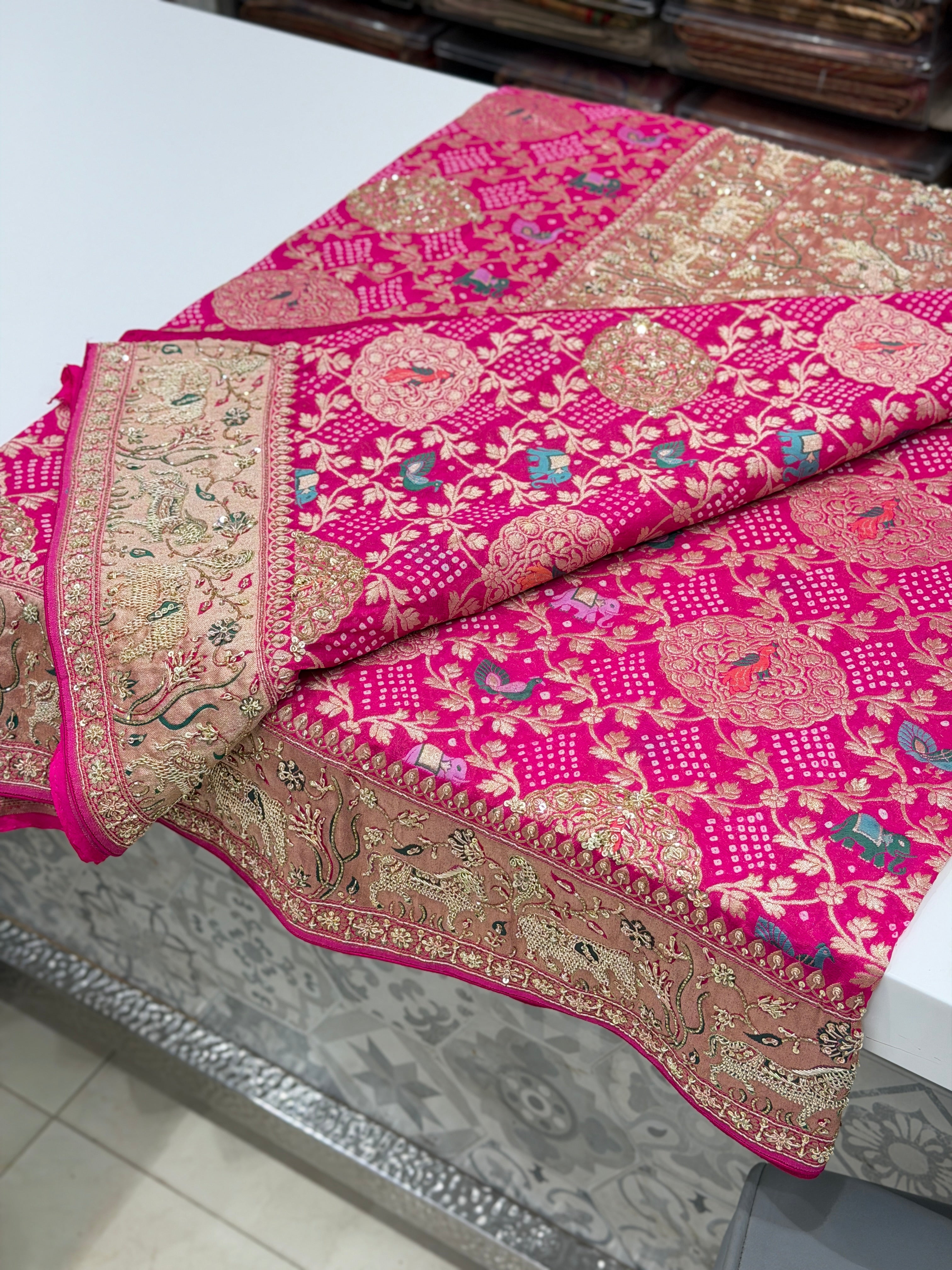 Rani Meenakari Rai Bandhej Saree Elephant Motif Zardosi Hand Embroidery
