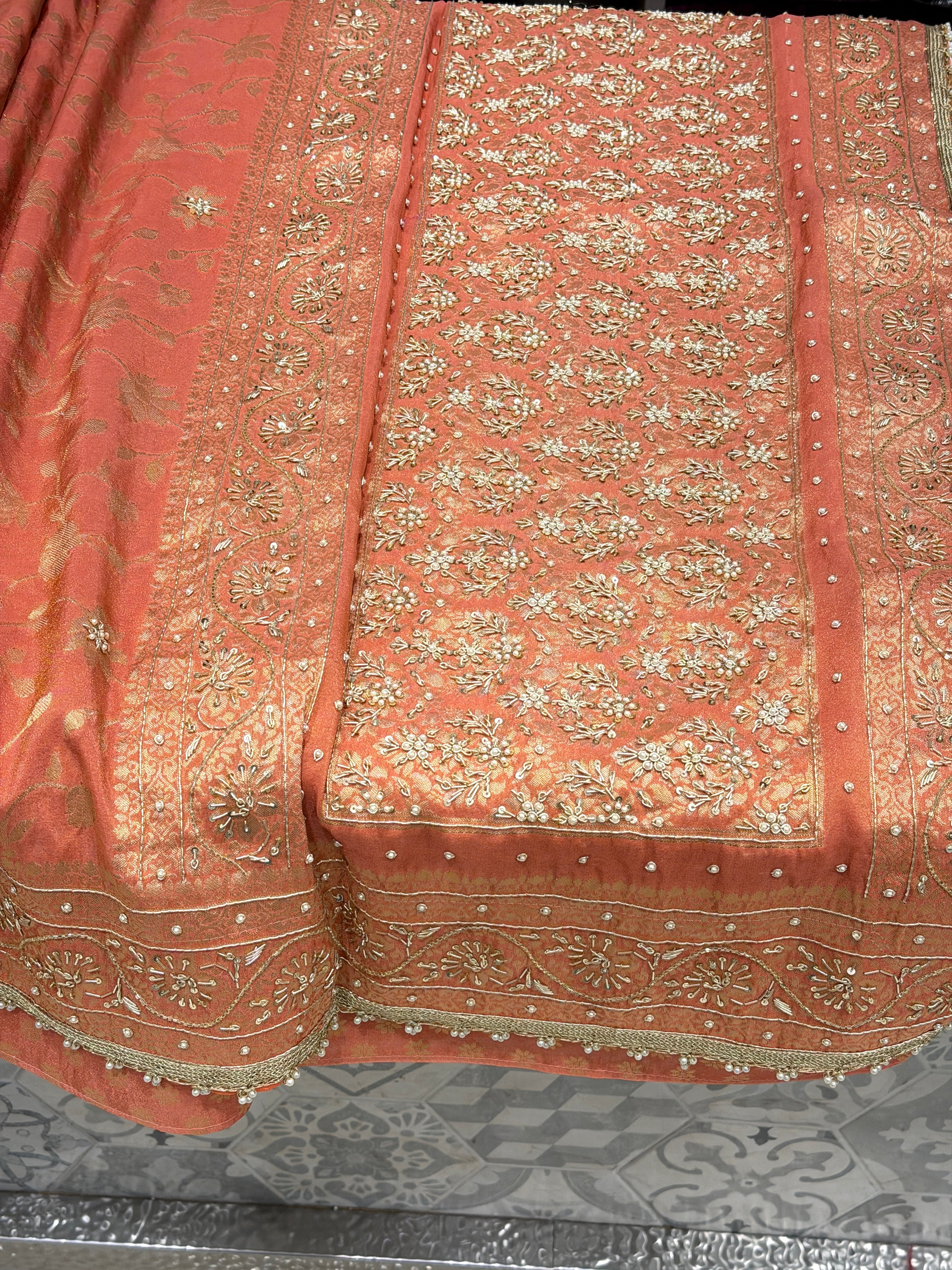Rust Crepe Tissue Banarasi Weaved Zardosi Hand Embroidery Saree