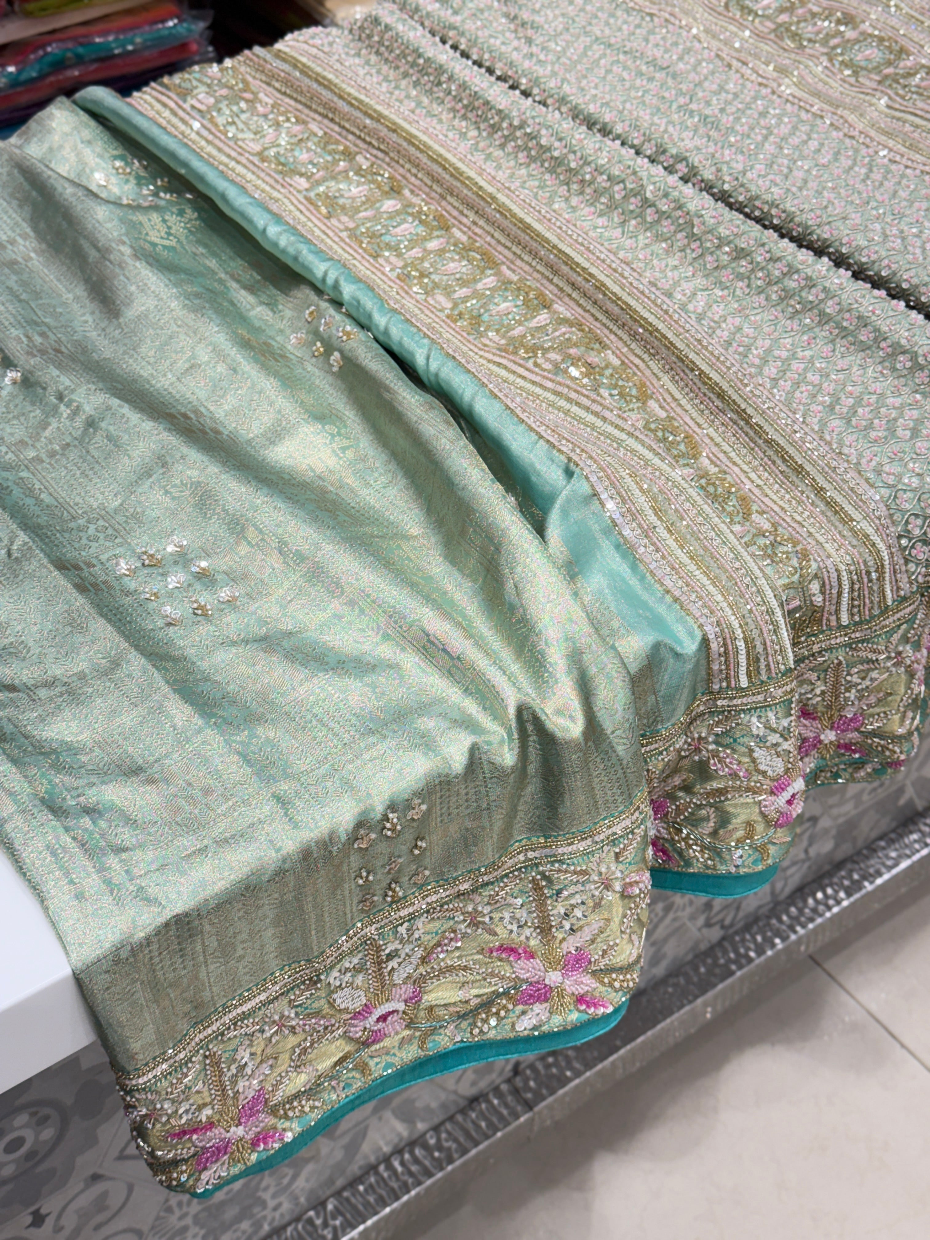 Green Tissue Kanjivaram with Moti Zardosi Hand Embroidery Saree