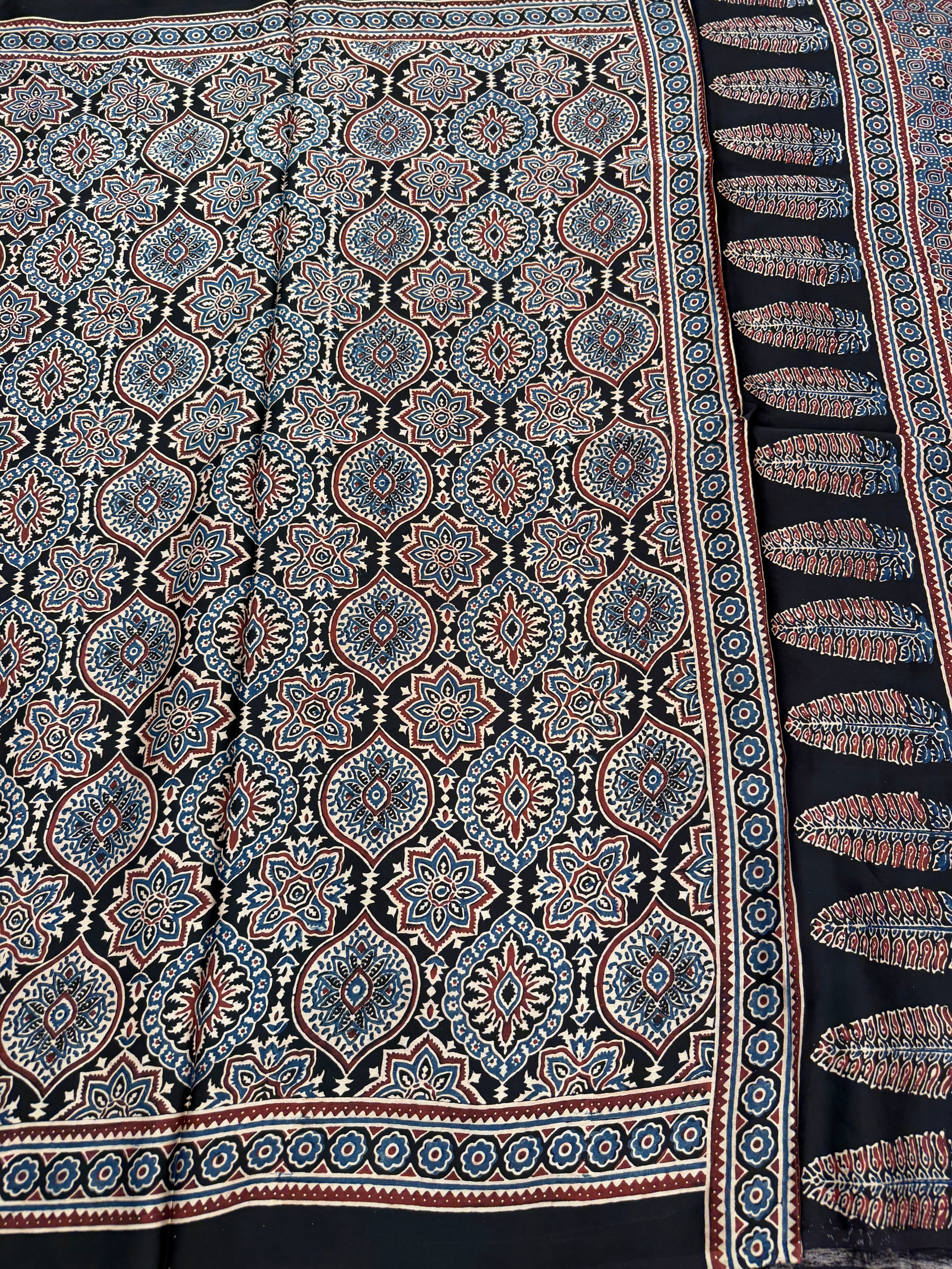 Black Badam Ajrakh Hand Block Print Pure Gajji Silk Saree