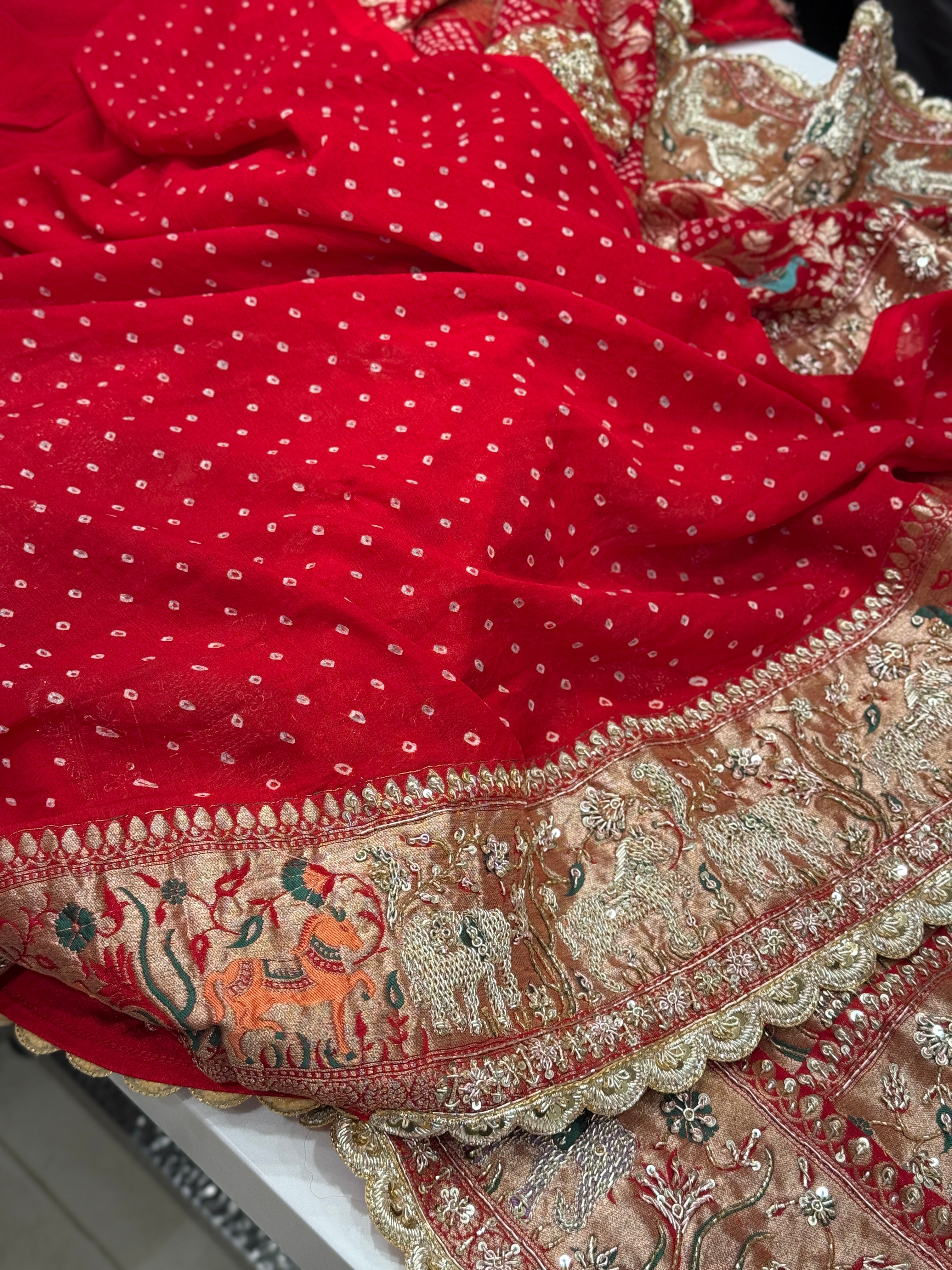 Red Meenakari Bandhej Zardosi Embroidery Saree