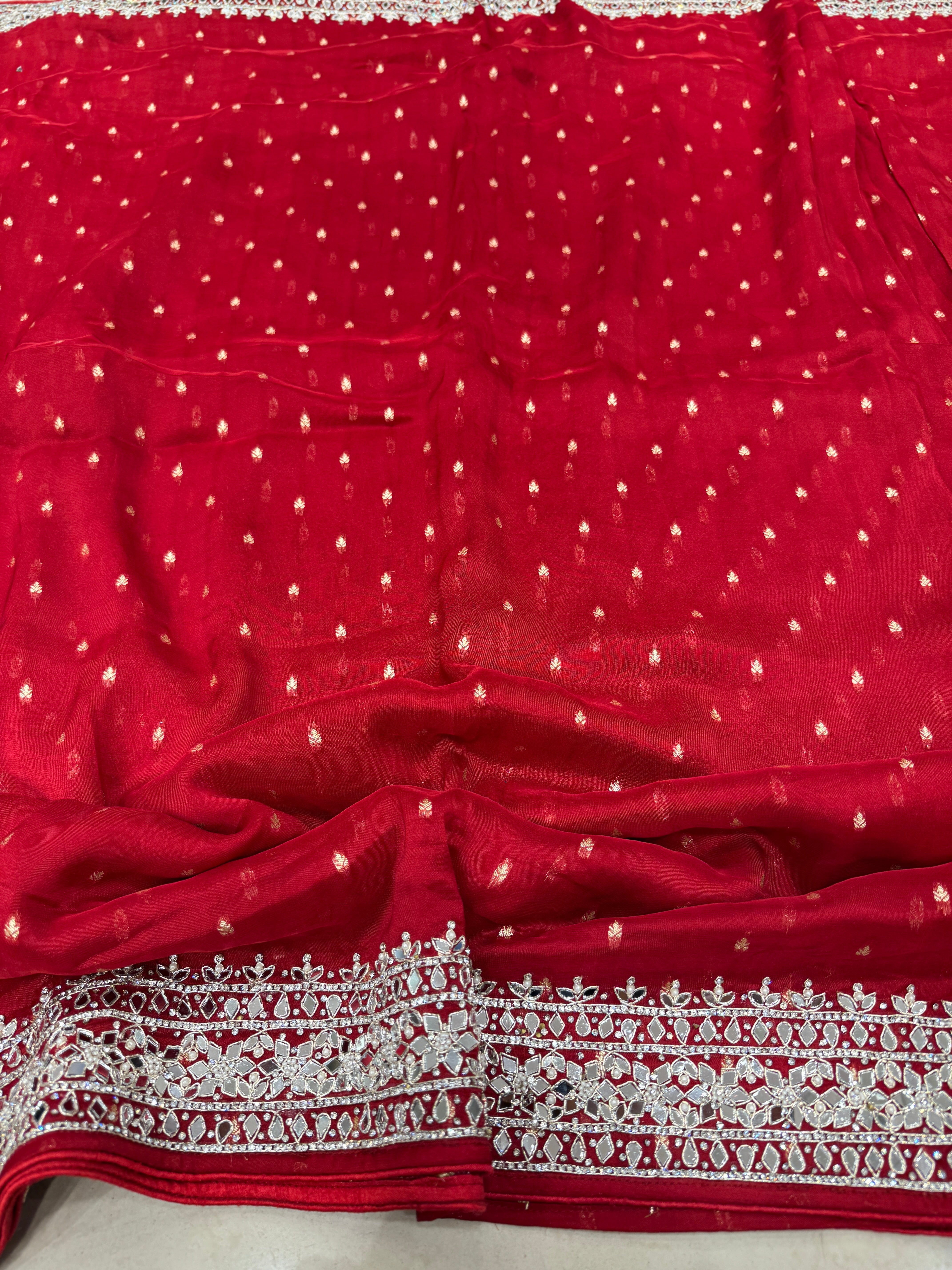 Red Satin Organza Mirror Hand Embroidery Saree