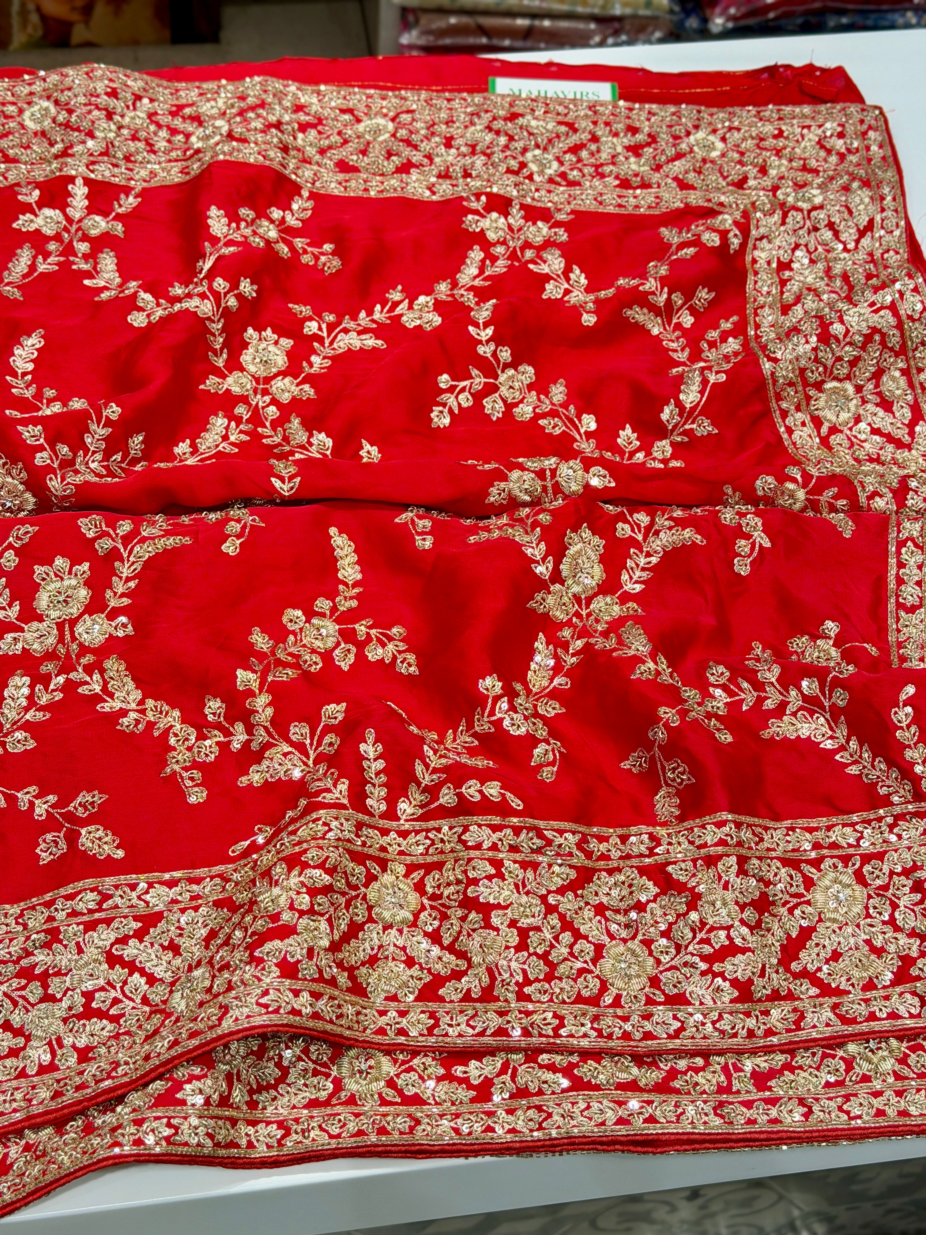 Red Pure Satin Silk Zardosi Hand Embroidery Jaal Saree