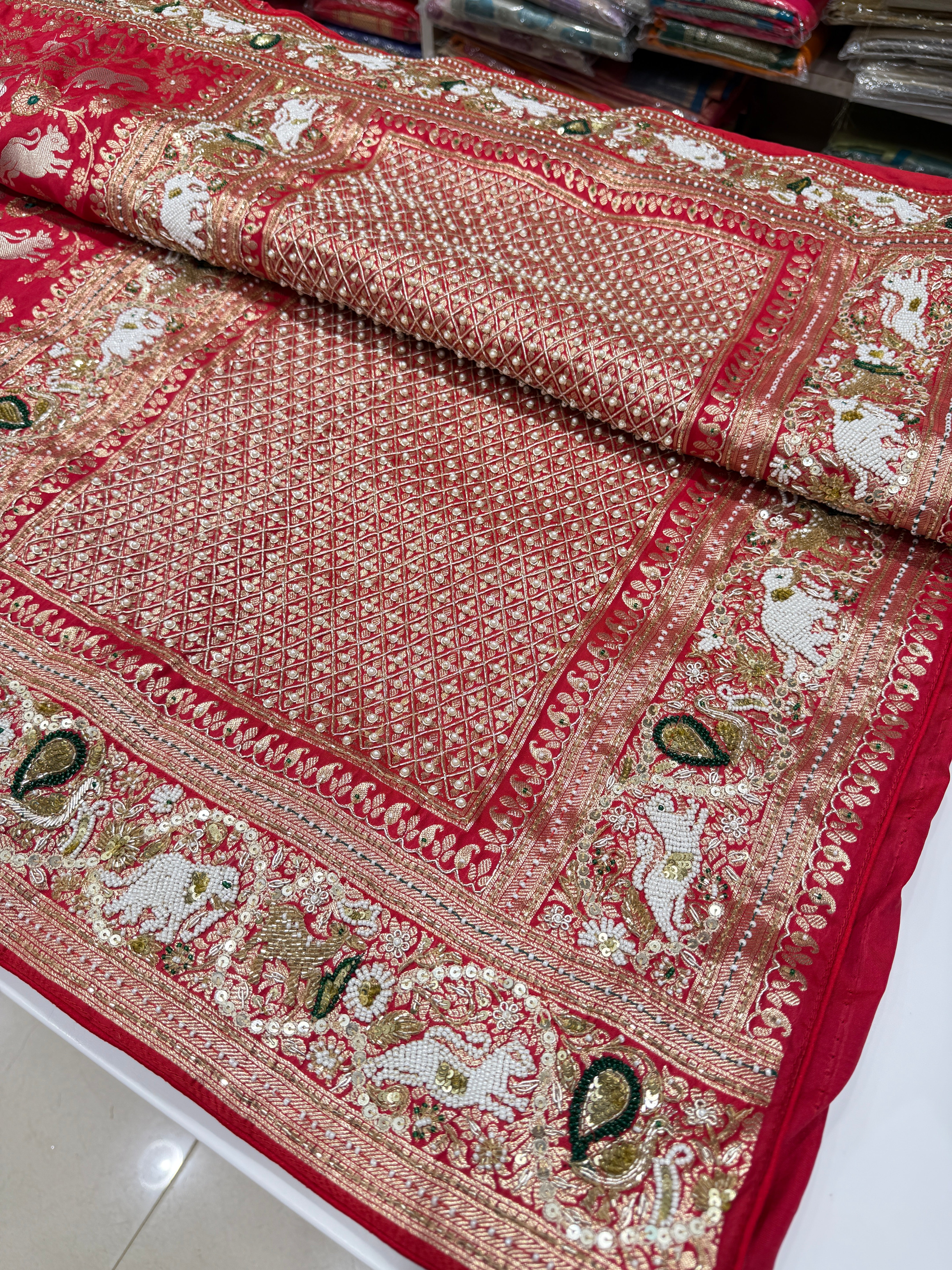 Red Banarasi Shikara Moti Embroidery
