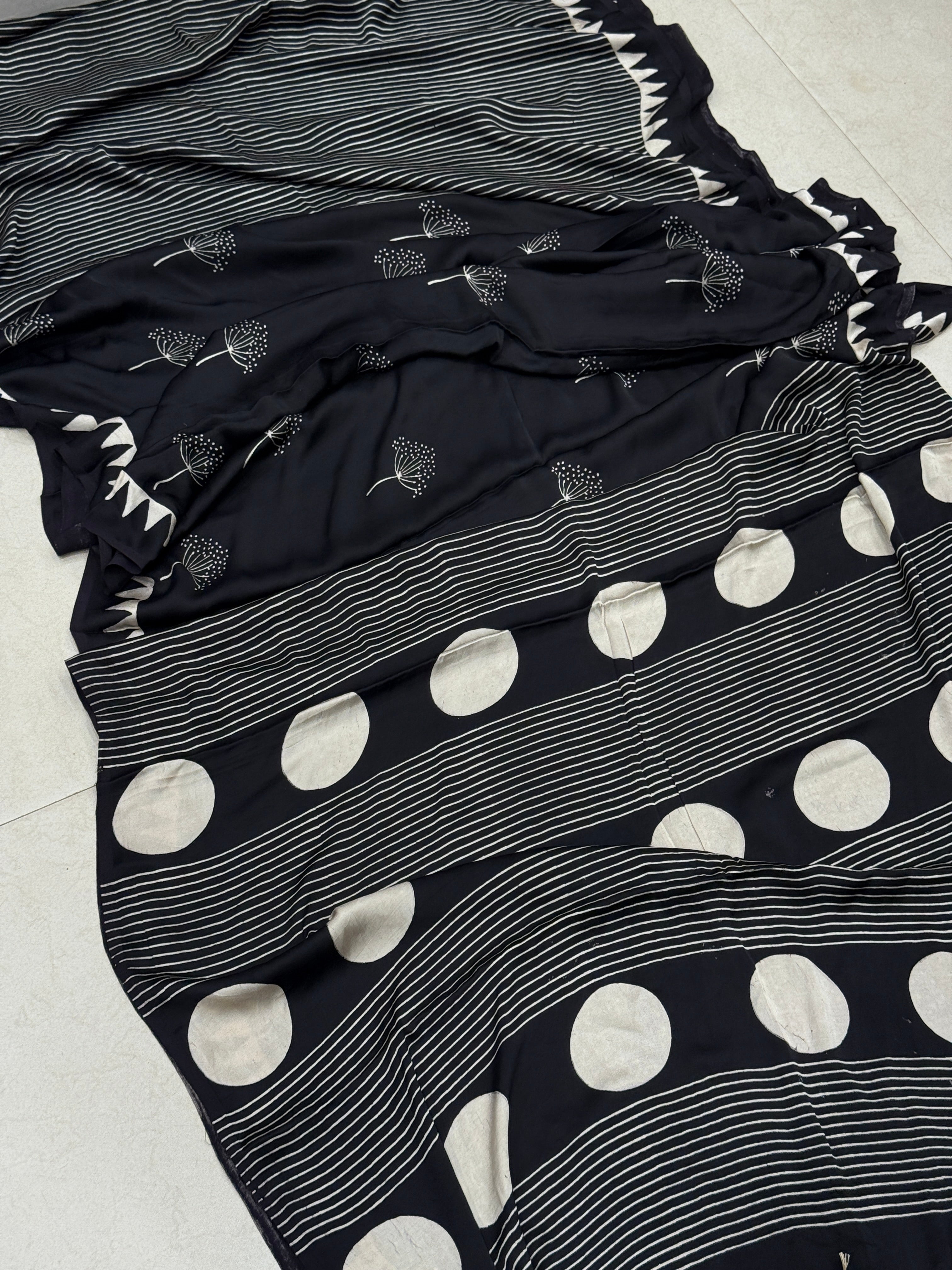 Black Contemporary Tree Buttis Ajrakh Block Print Hand Pure Gajji Silk Saree