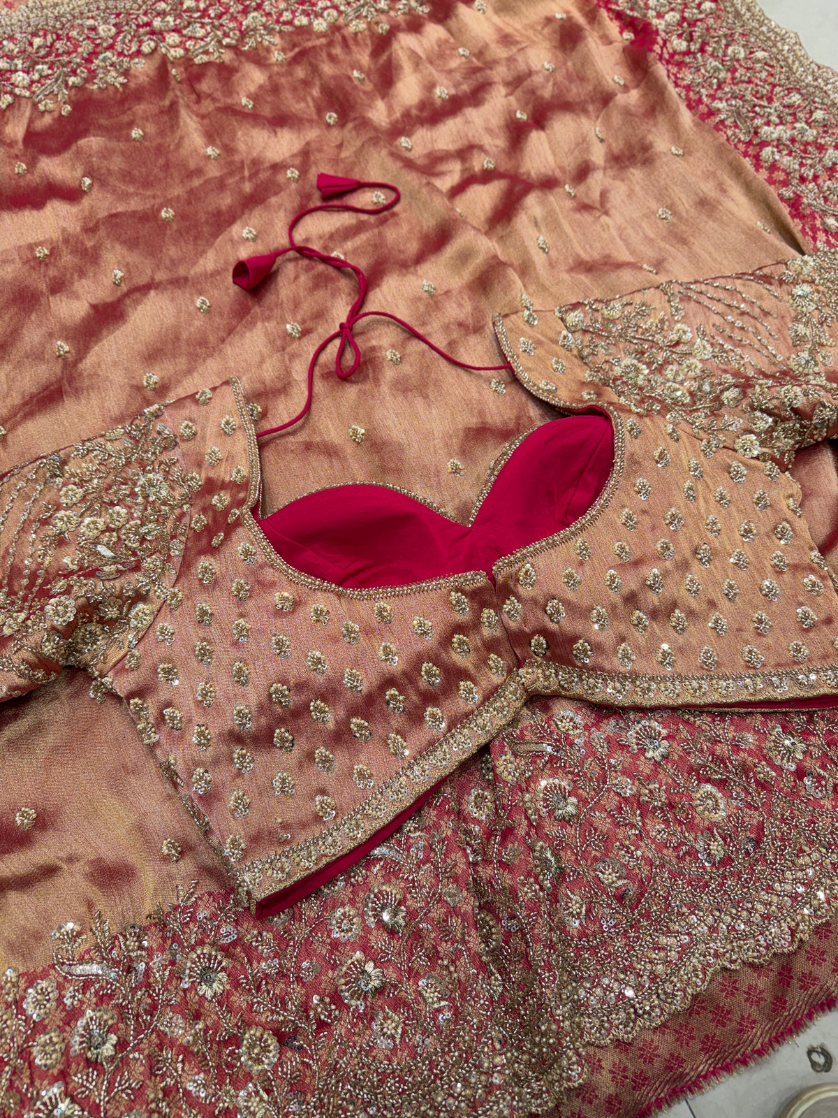Rani Pink Crepe Tissue Embroidery Ready Blouse Saree
