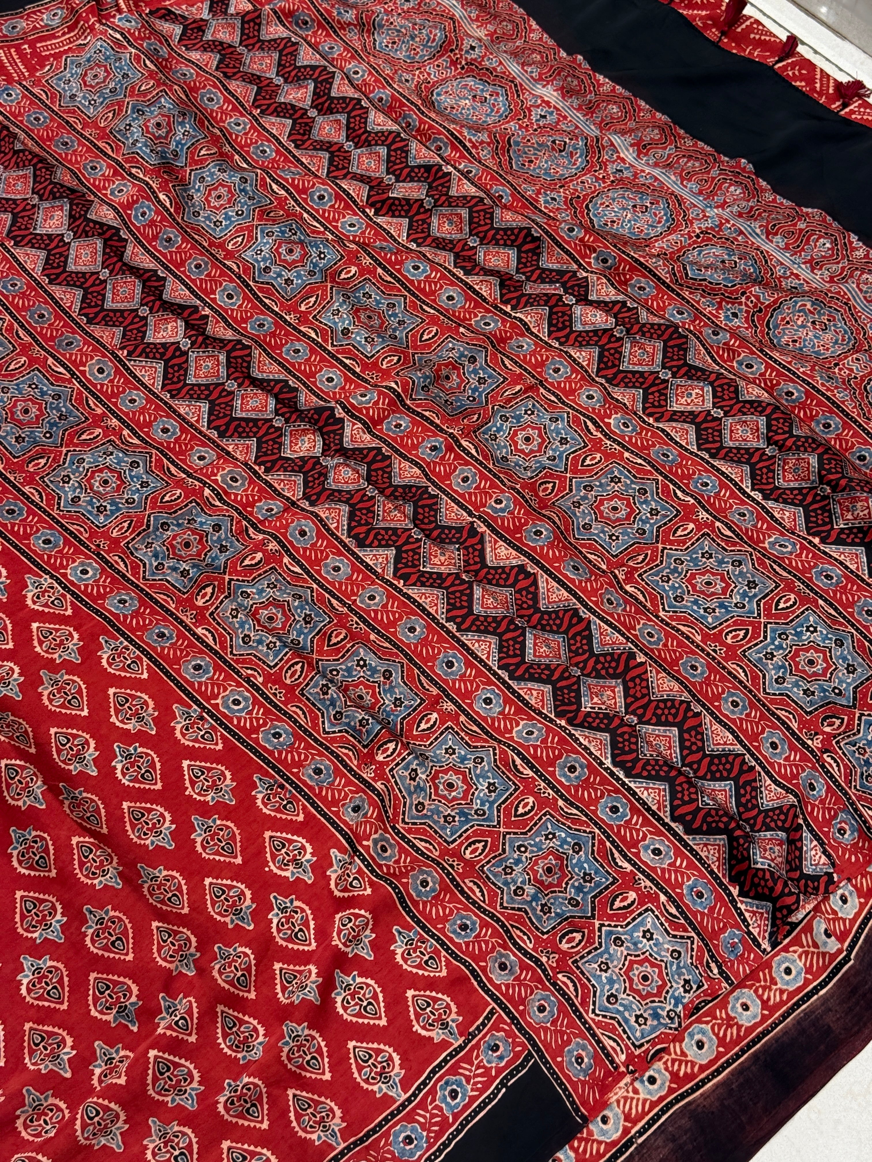 Red Buttis Ajrakh Block Print Hand Pure Gajji Silk Saree