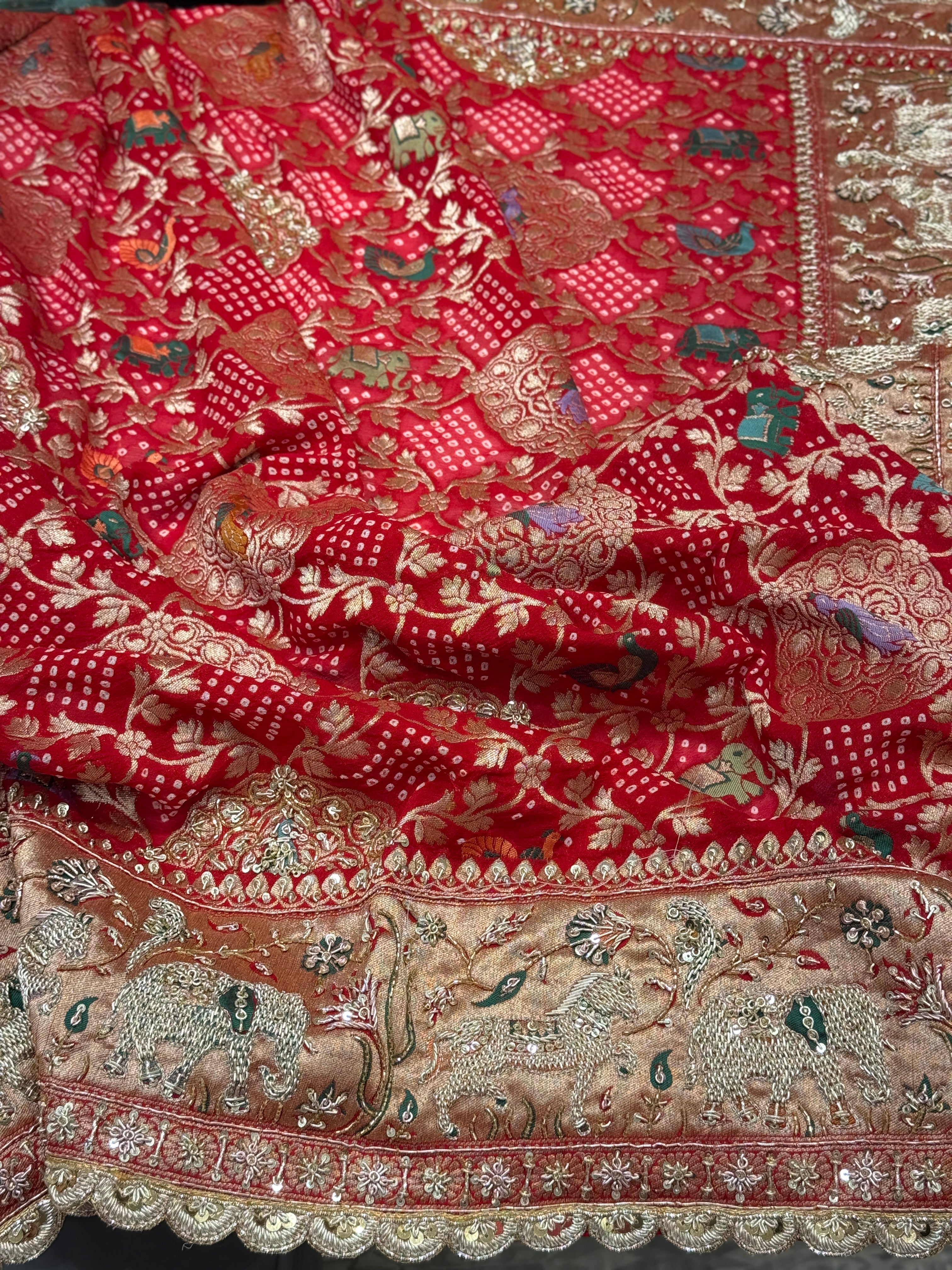 Red Meenakari Bandhej Zardosi Embroidery Saree