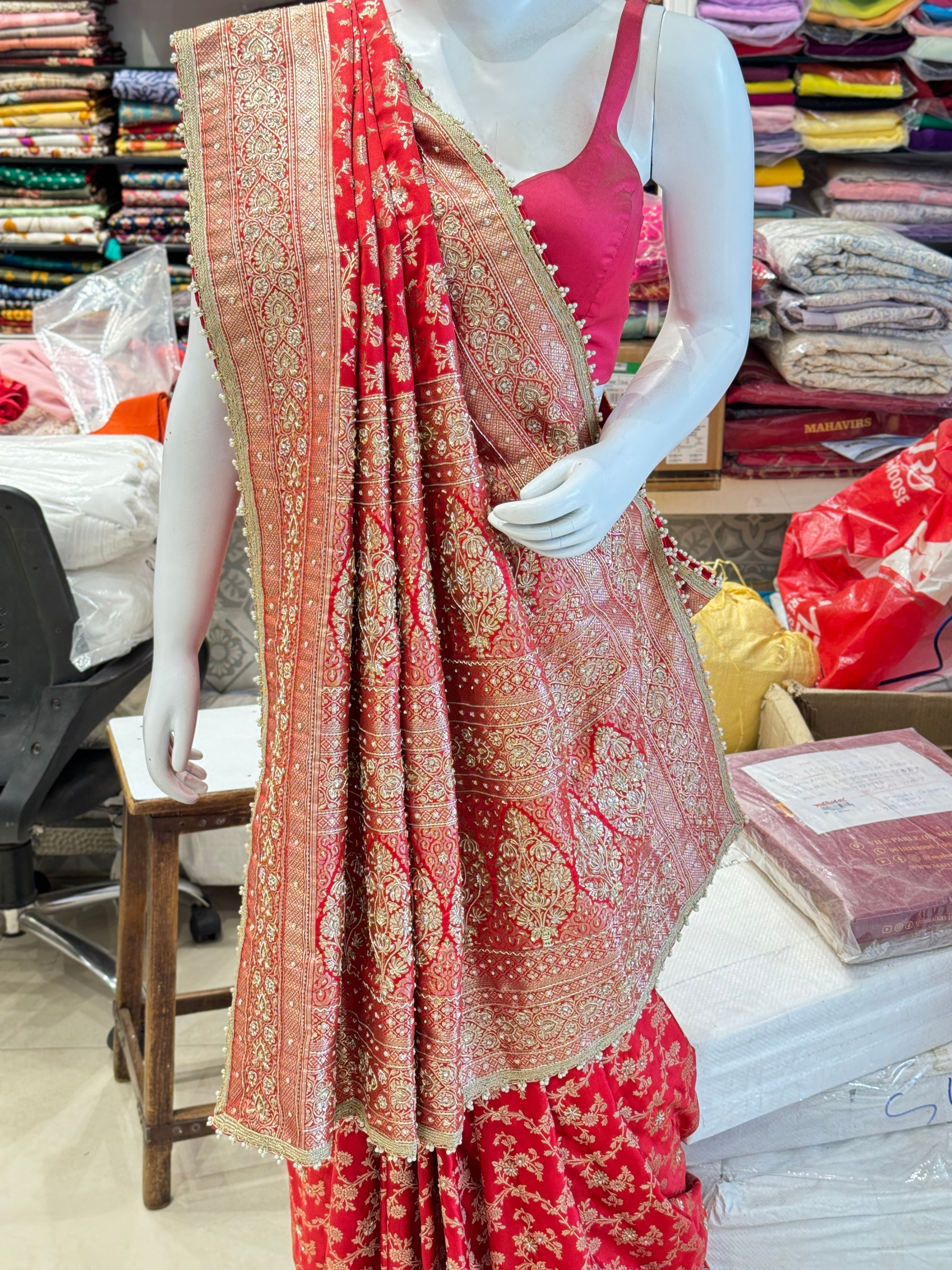 Red Banarasi Zardosi Hand Embroidery Saree