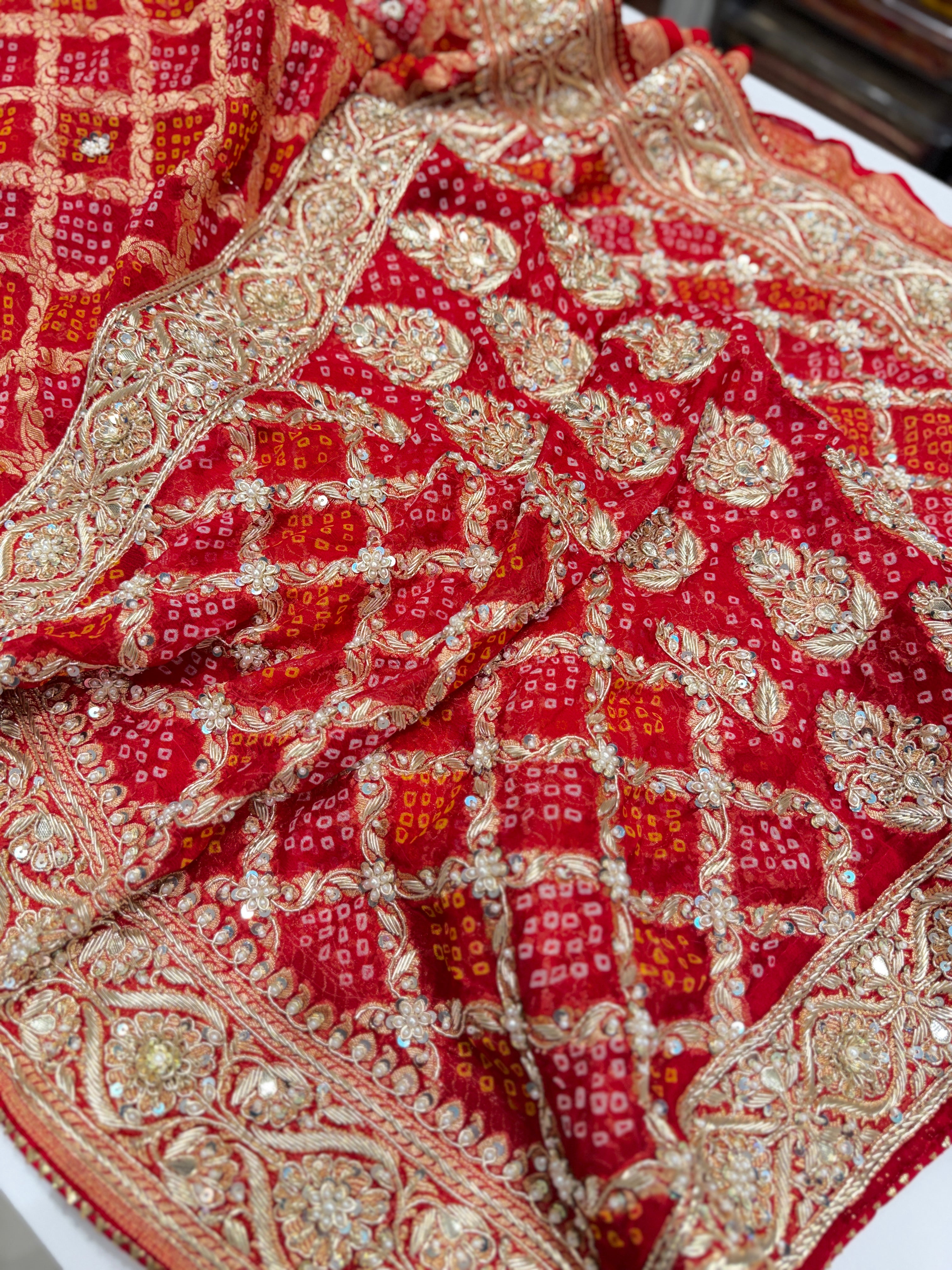 Red Rai Bandhej Georgette Saree Zardosi Hand Embroidery Saree
