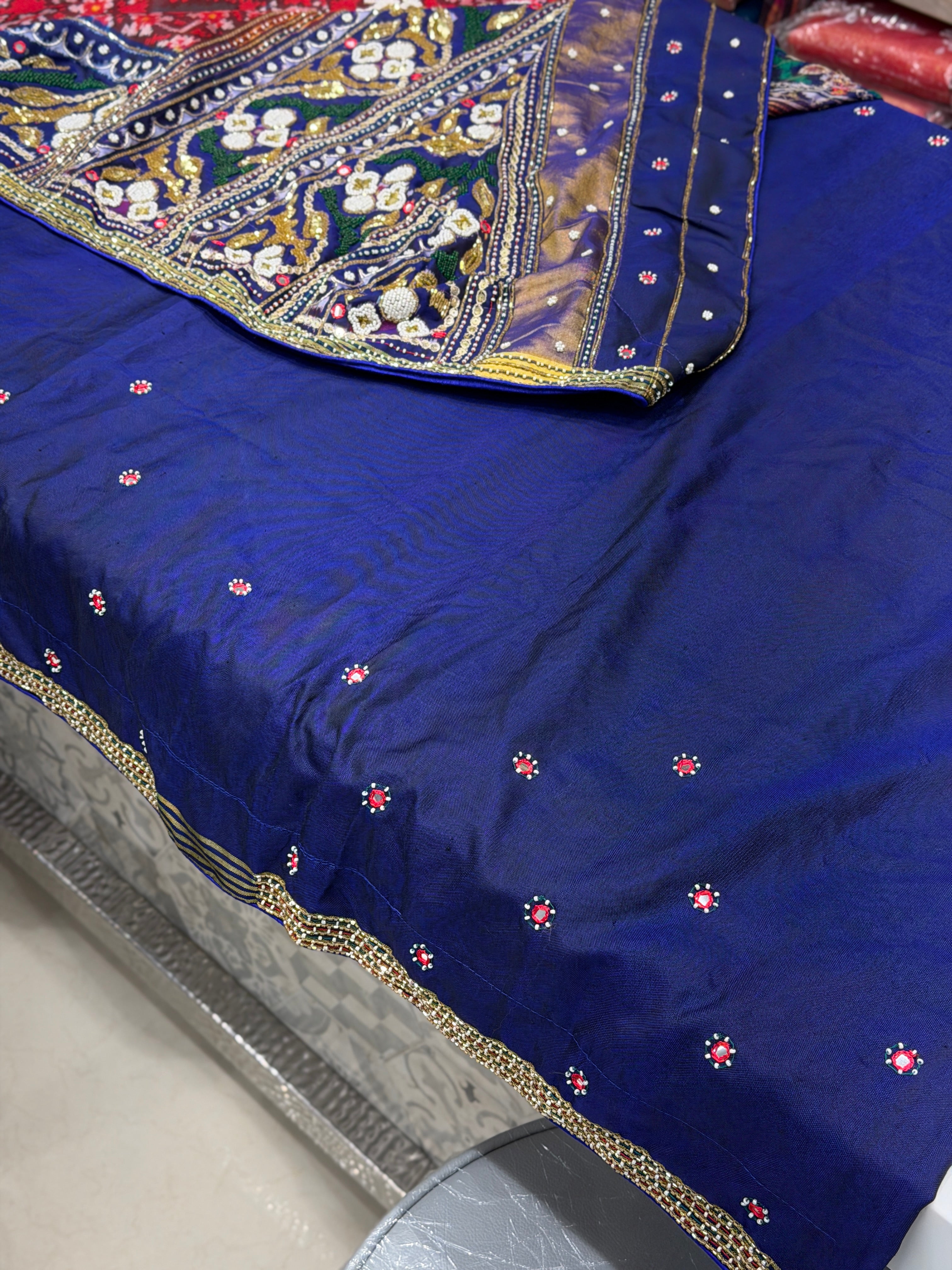 Red Blue Patan Patola Hand Embroidery Kidiya Moti Zardosi Saree