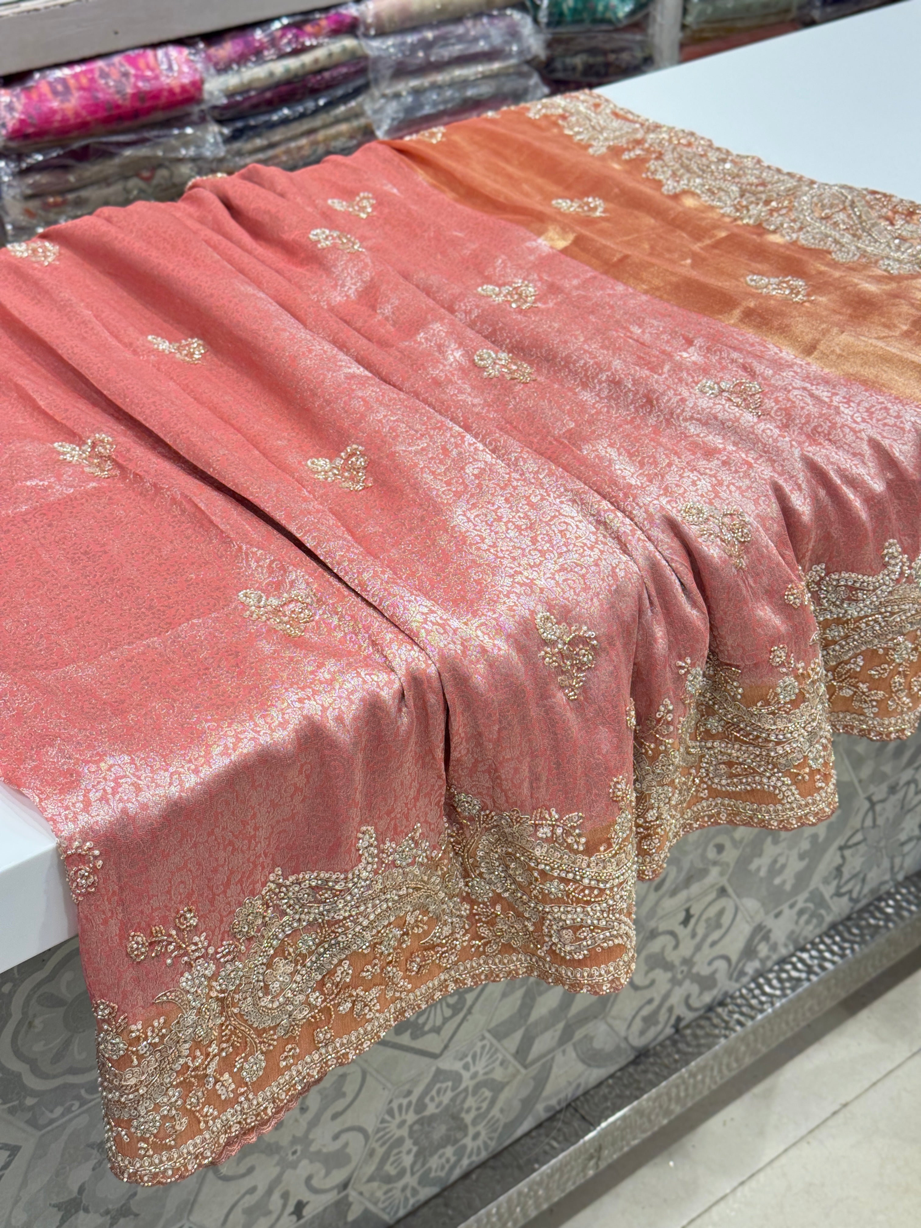 Pink Soft Silk Crystal Moti Embroidered Saree