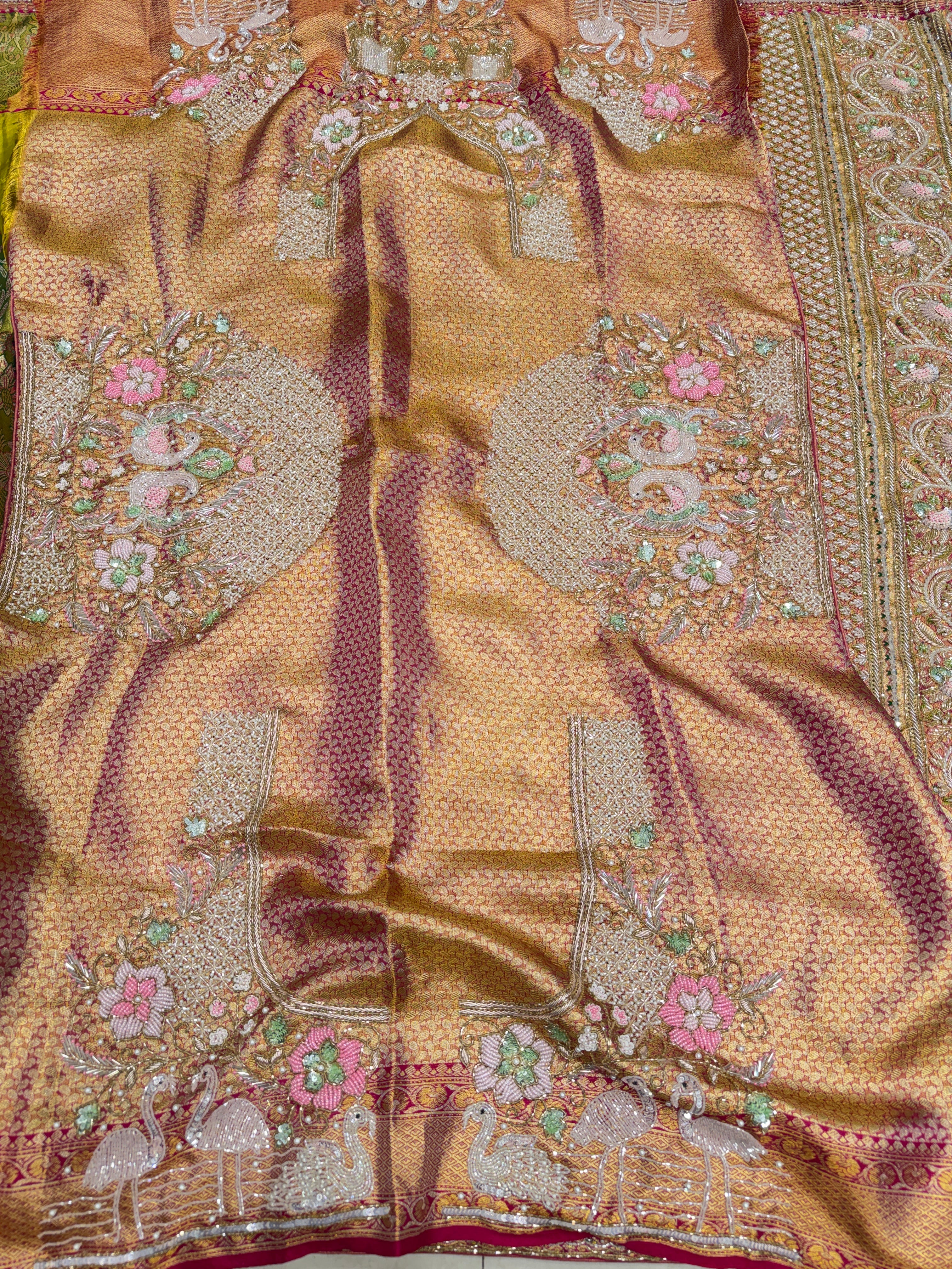Green Contrast Meenakari Tissue Kanjivaram Zardosi Hand Embroidery Saree